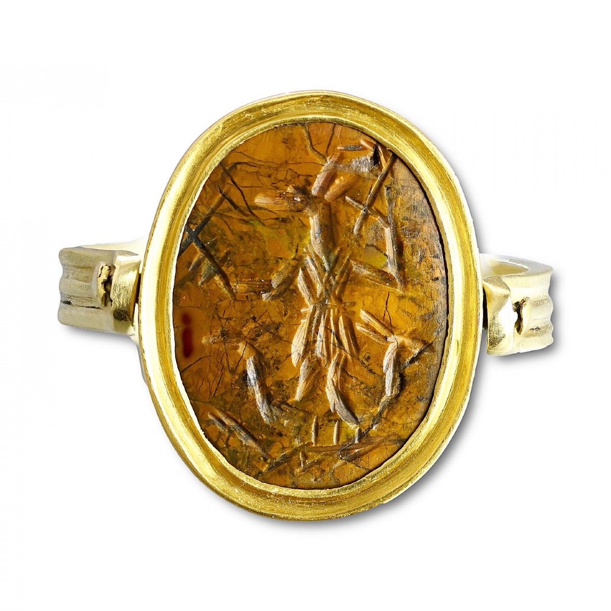 Bague En Or Magique Avec Une Intaille En Pierre d'Abraxas En Jaspe Antique Double Face. 