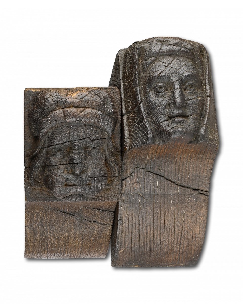 Fine Pair Of Oak Corbels Of A Man And A Woman. English, 15th - 16th Century. 