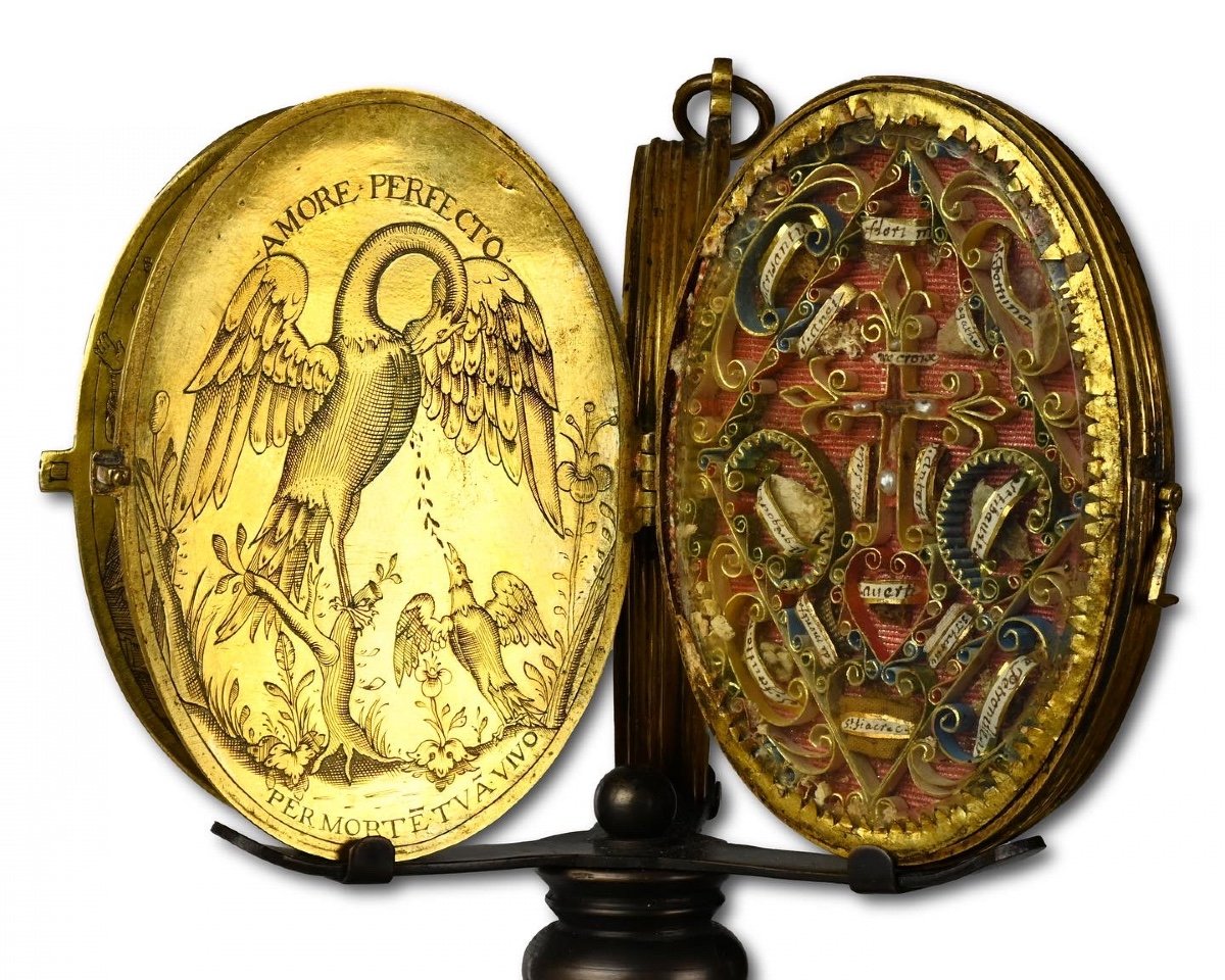 Large Engraved Copper Gilt Reliquary Pendant. French, Early 17th Century.