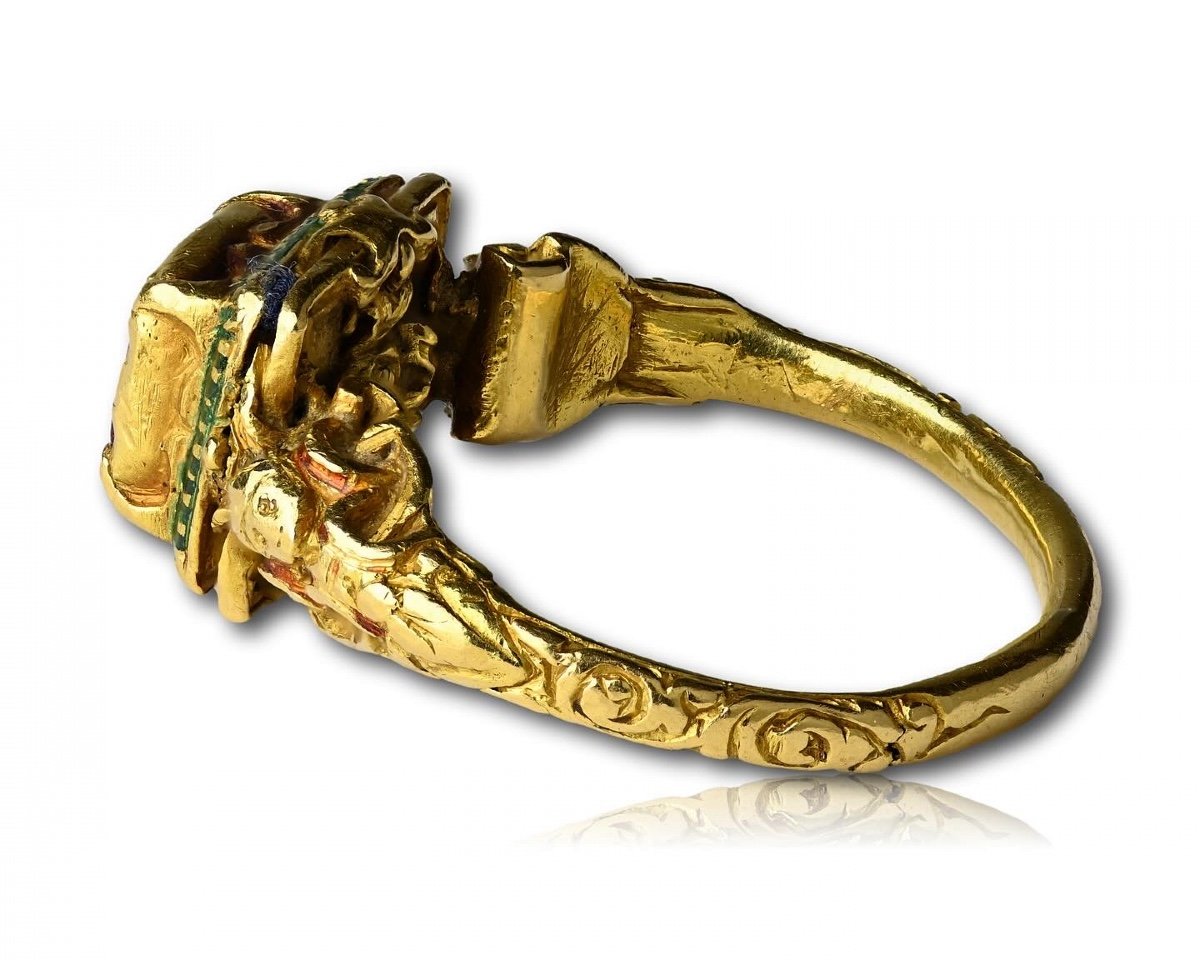 Bague Renaissance En Or Et émail Sertie d'Un Rubis. Europe Occidentale, XVIe Siècle.-photo-4