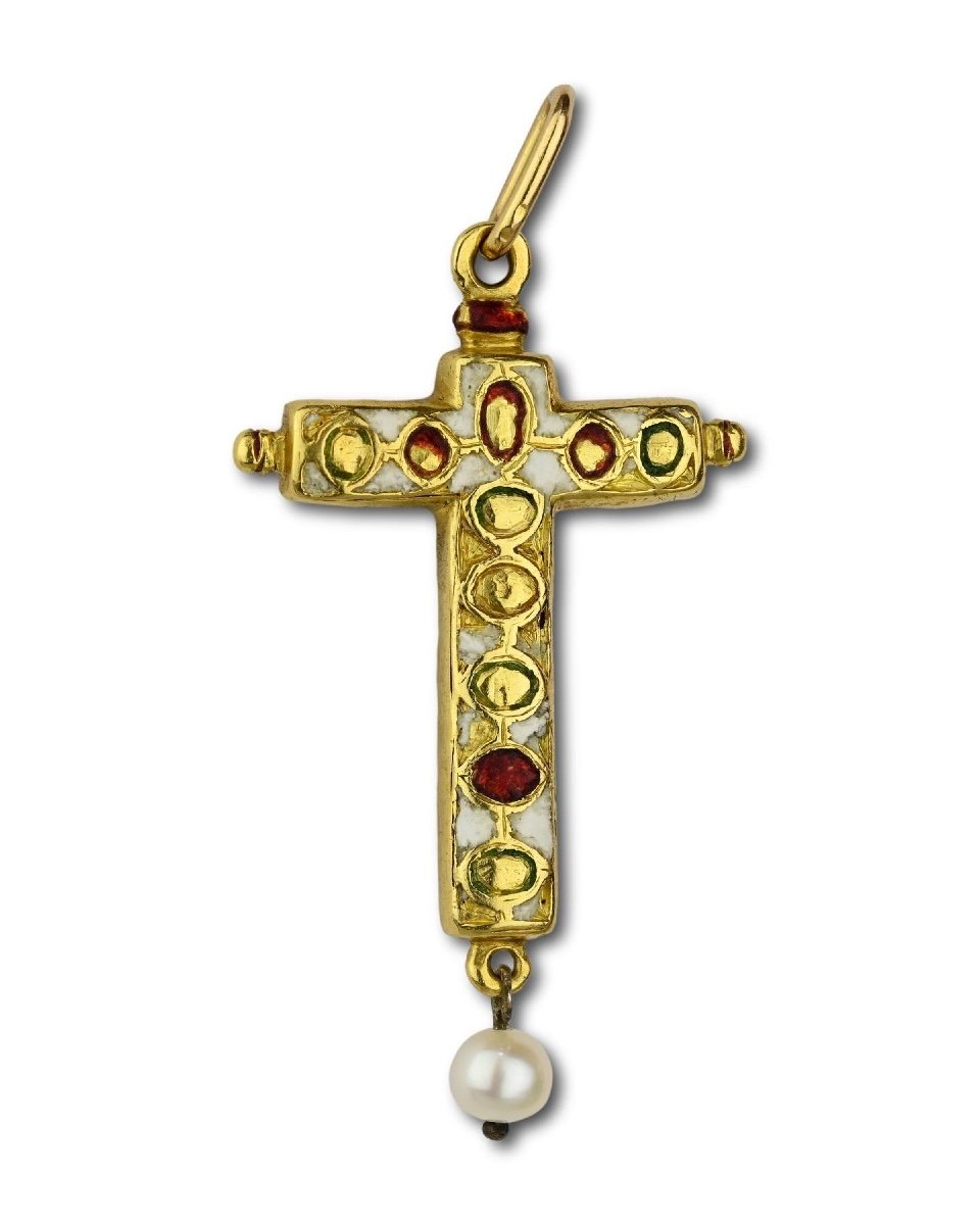 Pendentif Croix En Or Et émail Avec émeraudes Taillées En Table. Espagnol, XVIIe Siècle.-photo-3