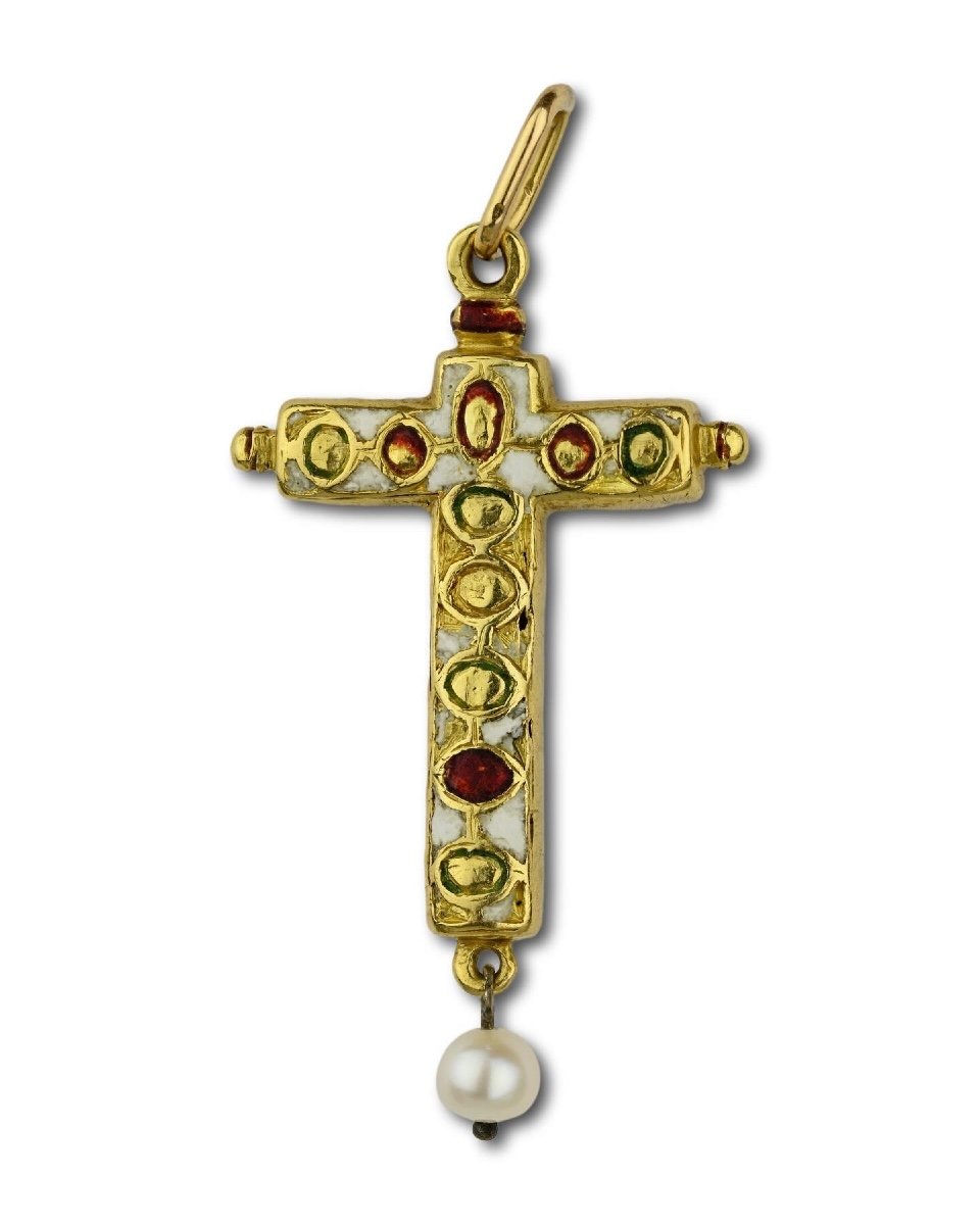 Pendentif Croix En Or Et émail Avec émeraudes Taillées En Table. Espagnol, XVIIe Siècle.-photo-4