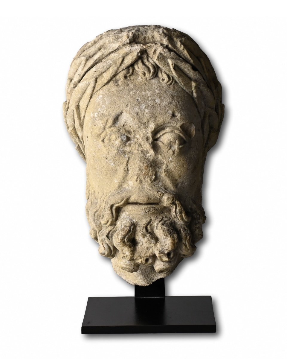 Important Stone Head Of An Emperor. Northern France, 12th - 13th Century.-photo-2