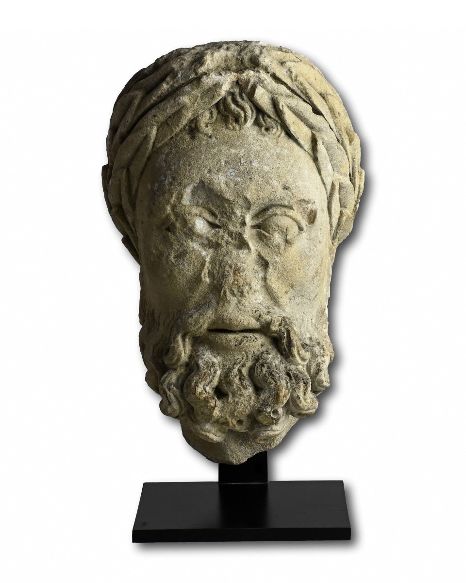 Important Stone Head Of An Emperor. Northern France, 12th - 13th Century.-photo-3