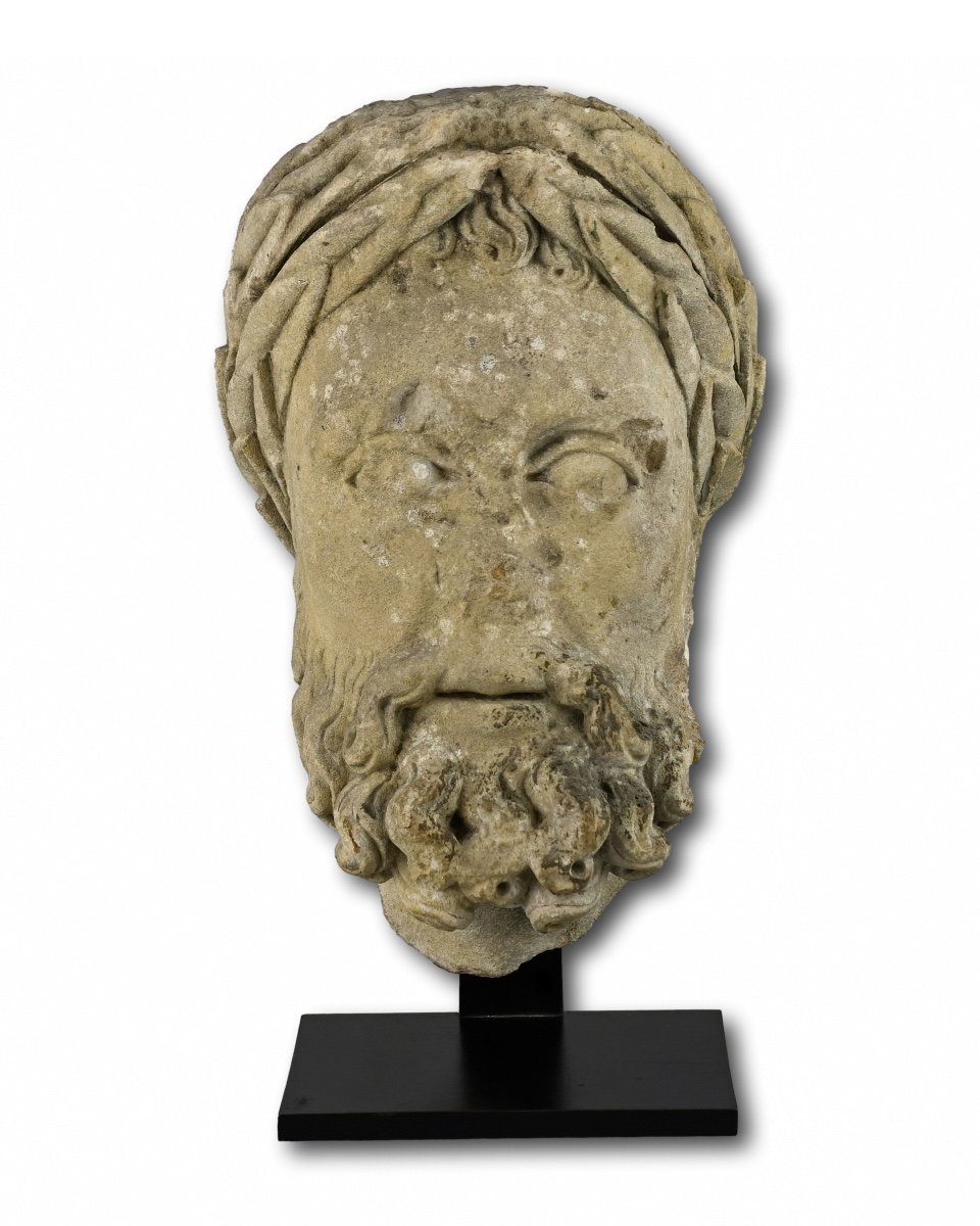 Important Stone Head Of An Emperor. Northern France, 12th - 13th Century.-photo-4