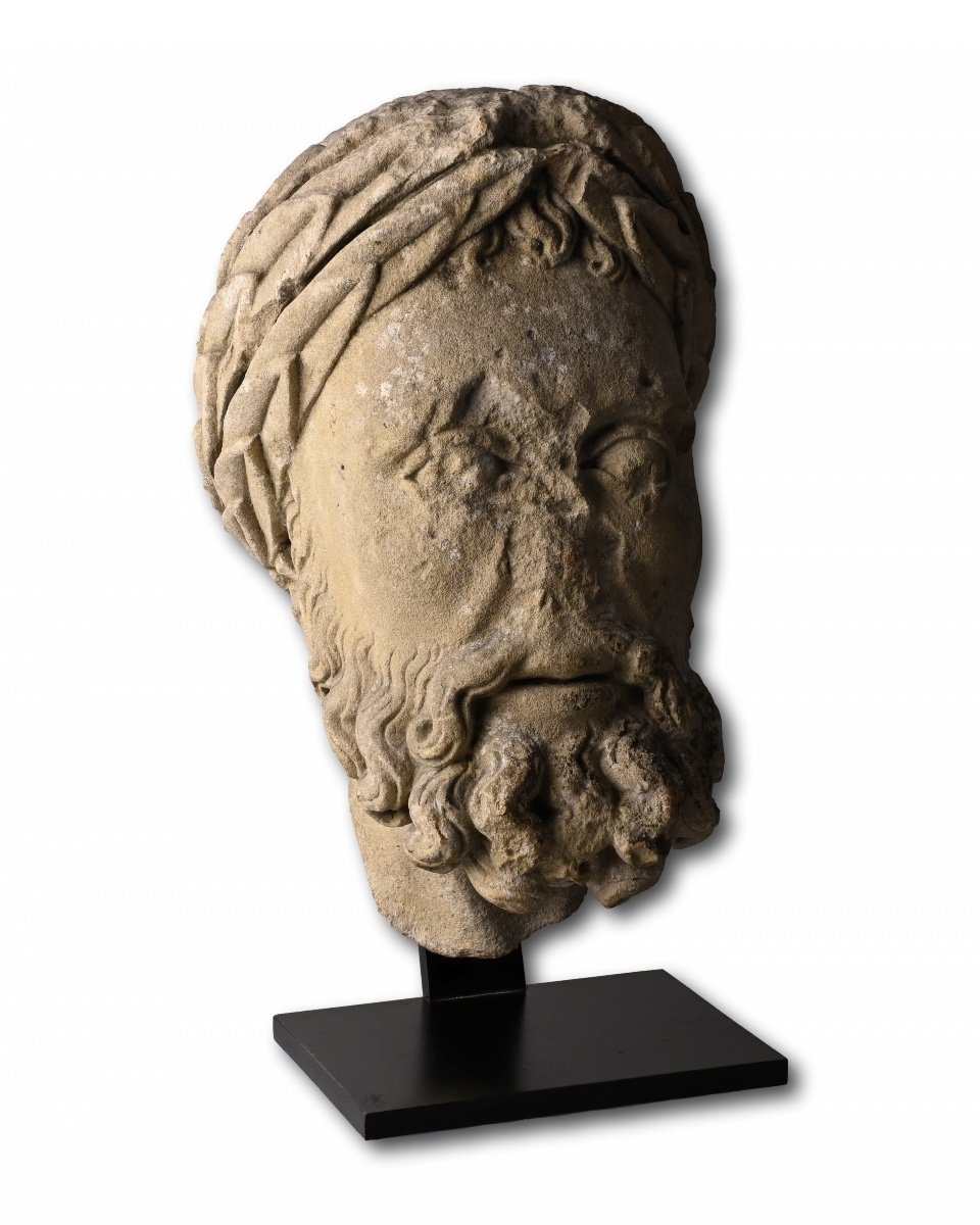 Important Stone Head Of An Emperor. Northern France, 12th - 13th Century.