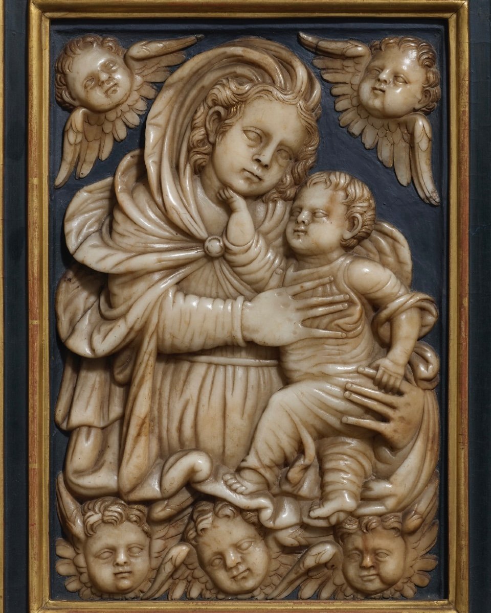 Alabaster Relief Of The Virgin And Child With Angels. Spanish, 16th Century.