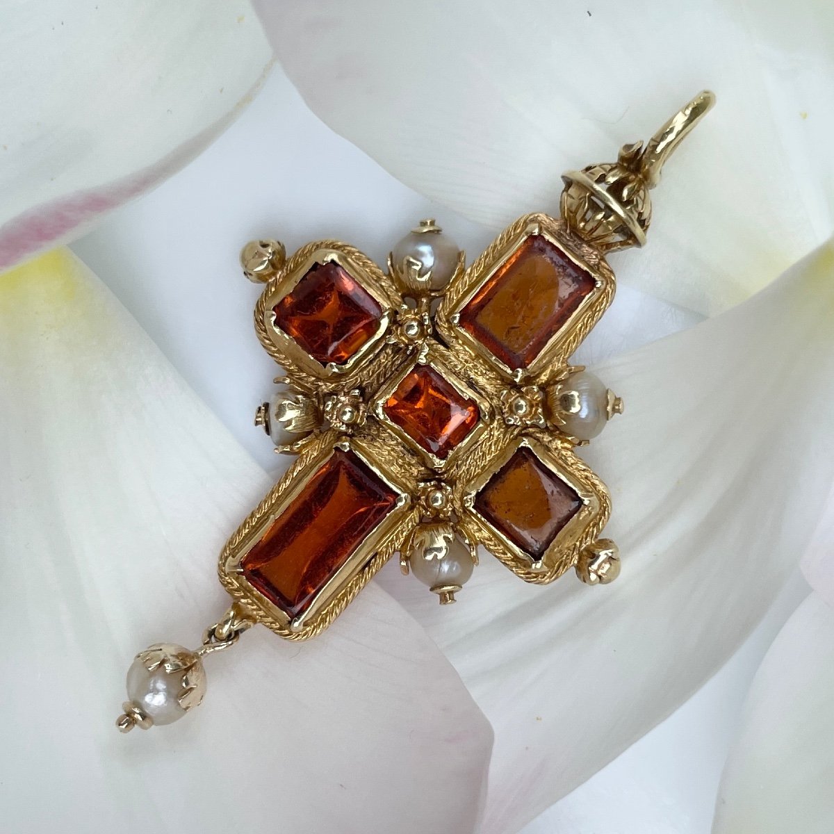 Pendentif Croix En Or, Grenat Hessonite Et Perle. Anglais Ou Allemand, XVIe Siècle.  -photo-2