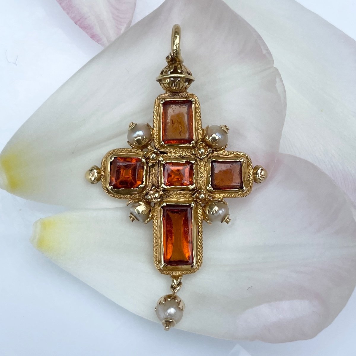 Pendentif Croix En Or, Grenat Hessonite Et Perle. Anglais Ou Allemand, XVIe Siècle.  -photo-3