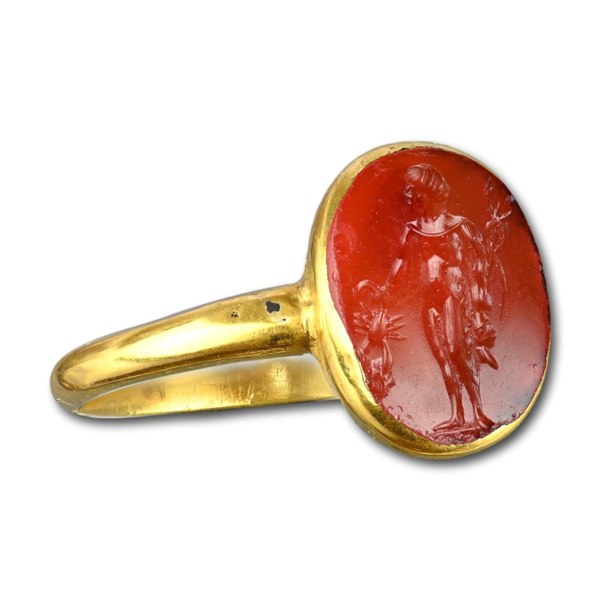Gold Ring Set With A Carnelian Intaglio Of The Roman God Mercury.-photo-3