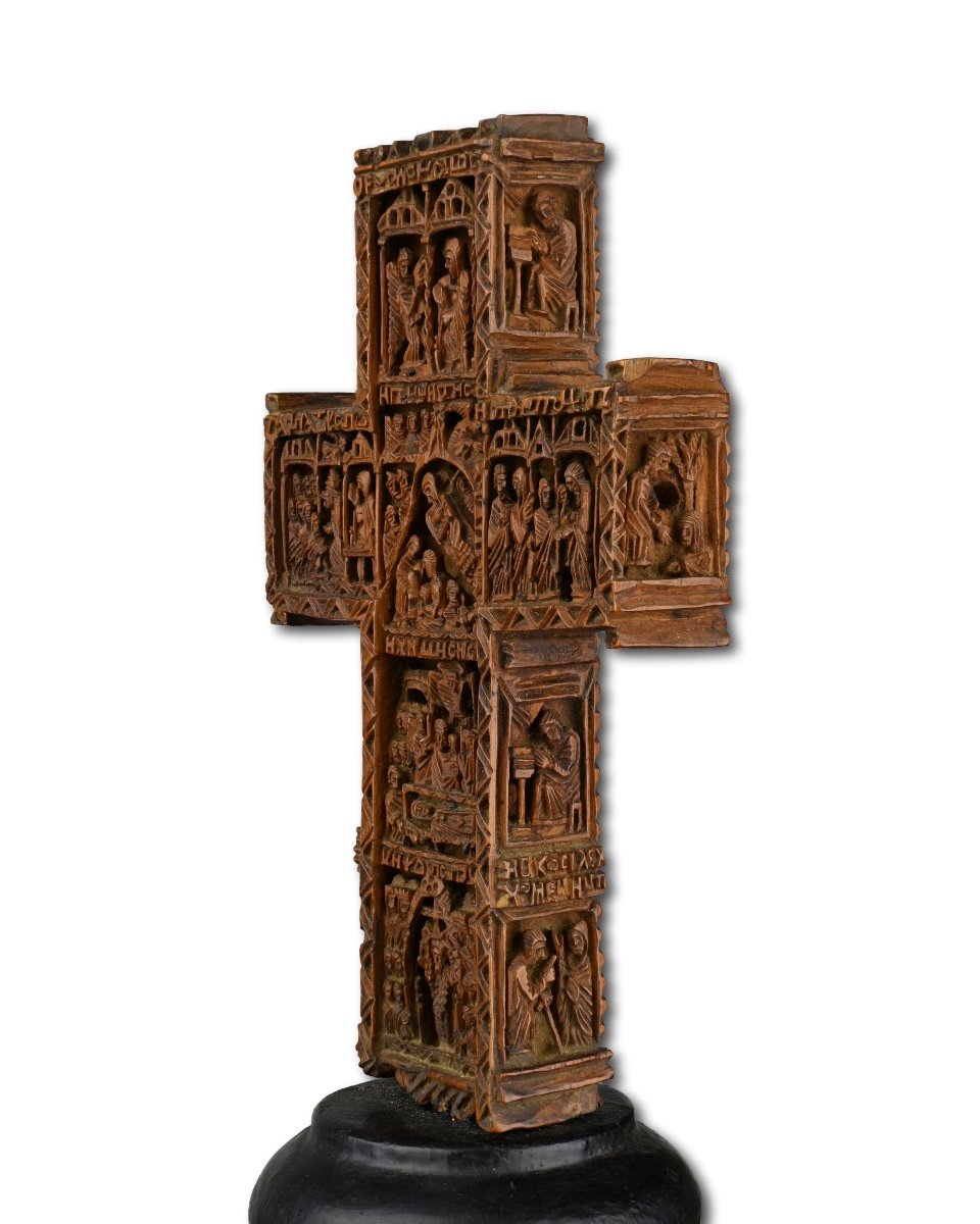 Exceptional Cypress Wood Blessing Cross. Mount Athos Workshop, 18th Century.-photo-2