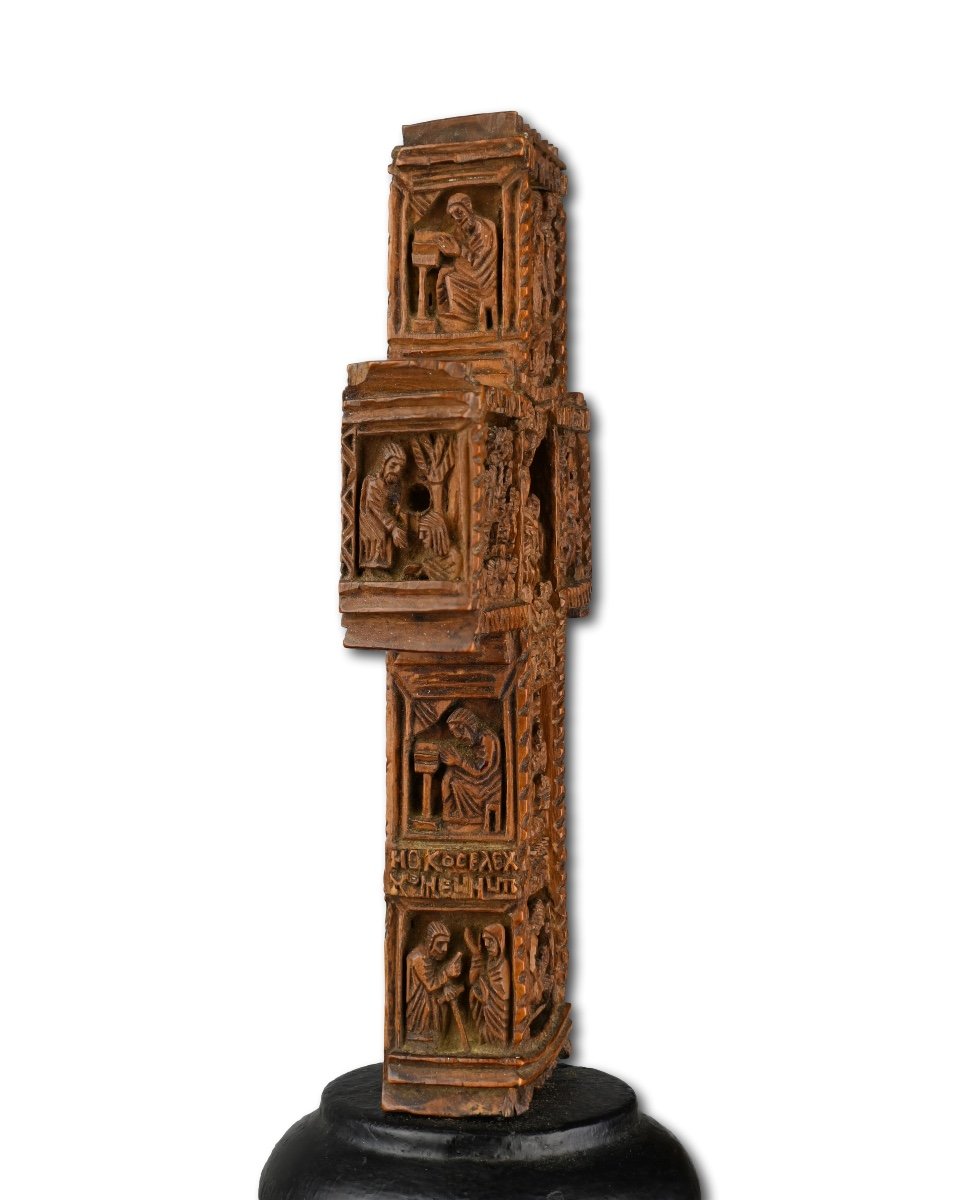 Exceptional Cypress Wood Blessing Cross. Mount Athos Workshop, 18th Century.-photo-3