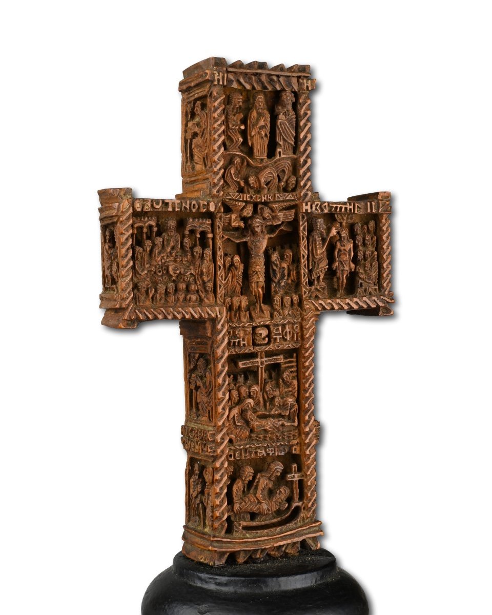 Exceptional Cypress Wood Blessing Cross. Mount Athos Workshop, 18th Century.-photo-4