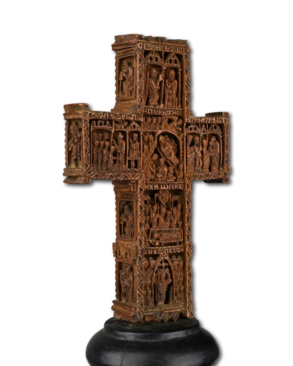 Exceptional Cypress Wood Blessing Cross. Mount Athos Workshop, 18th Century.-photo-2