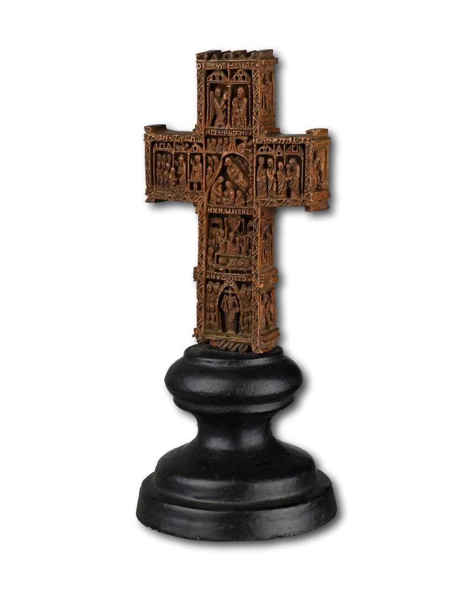 Exceptionnelle Croix De Bénédiction En Bois De Cyprès. Atelier Du Mont Athos, XVIIIe Siècle.  -photo-5