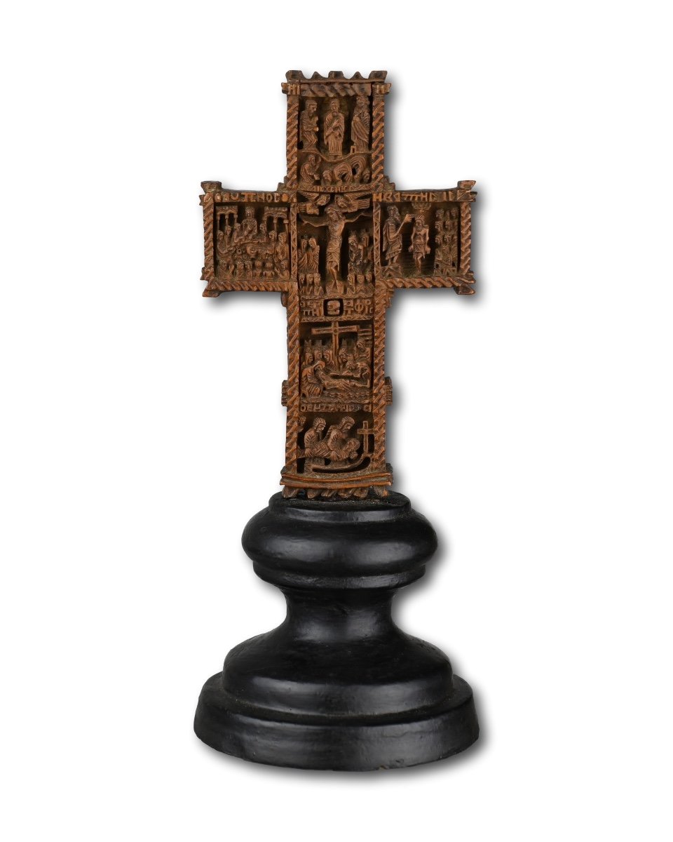 Exceptionnelle Croix De Bénédiction En Bois De Cyprès. Atelier Du Mont Athos, XVIIIe Siècle.  -photo-6