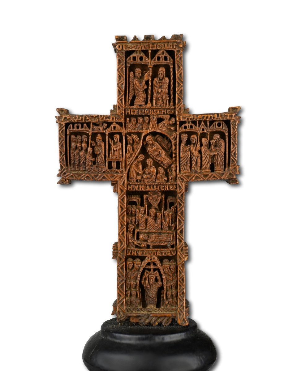 Exceptional Cypress Wood Blessing Cross. Mount Athos Workshop, 18th Century.