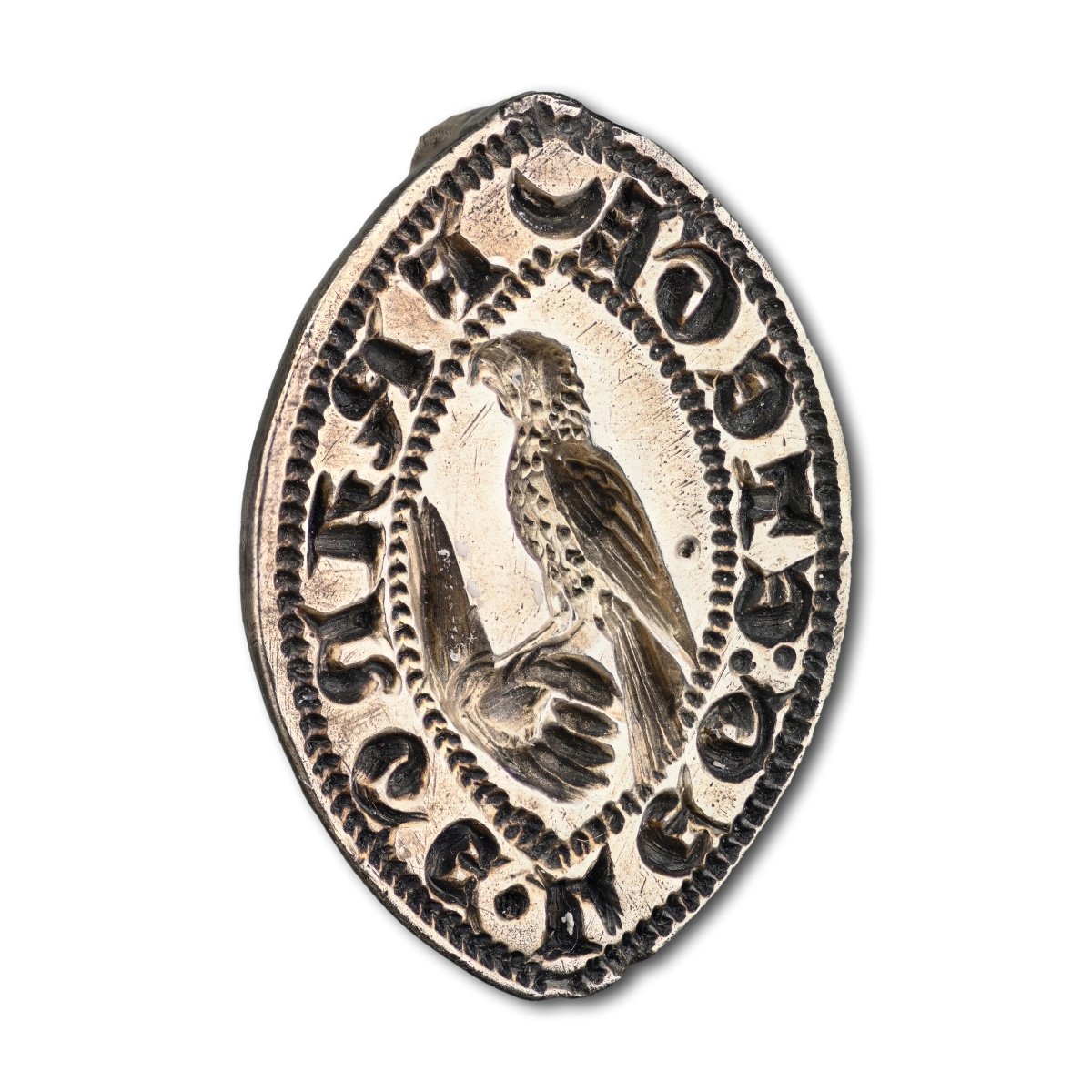 Sceau Vesica Argenté Avec Un Oiseau De Proie. Français Ou Anglais, 14e - 15e Siècle. -photo-3