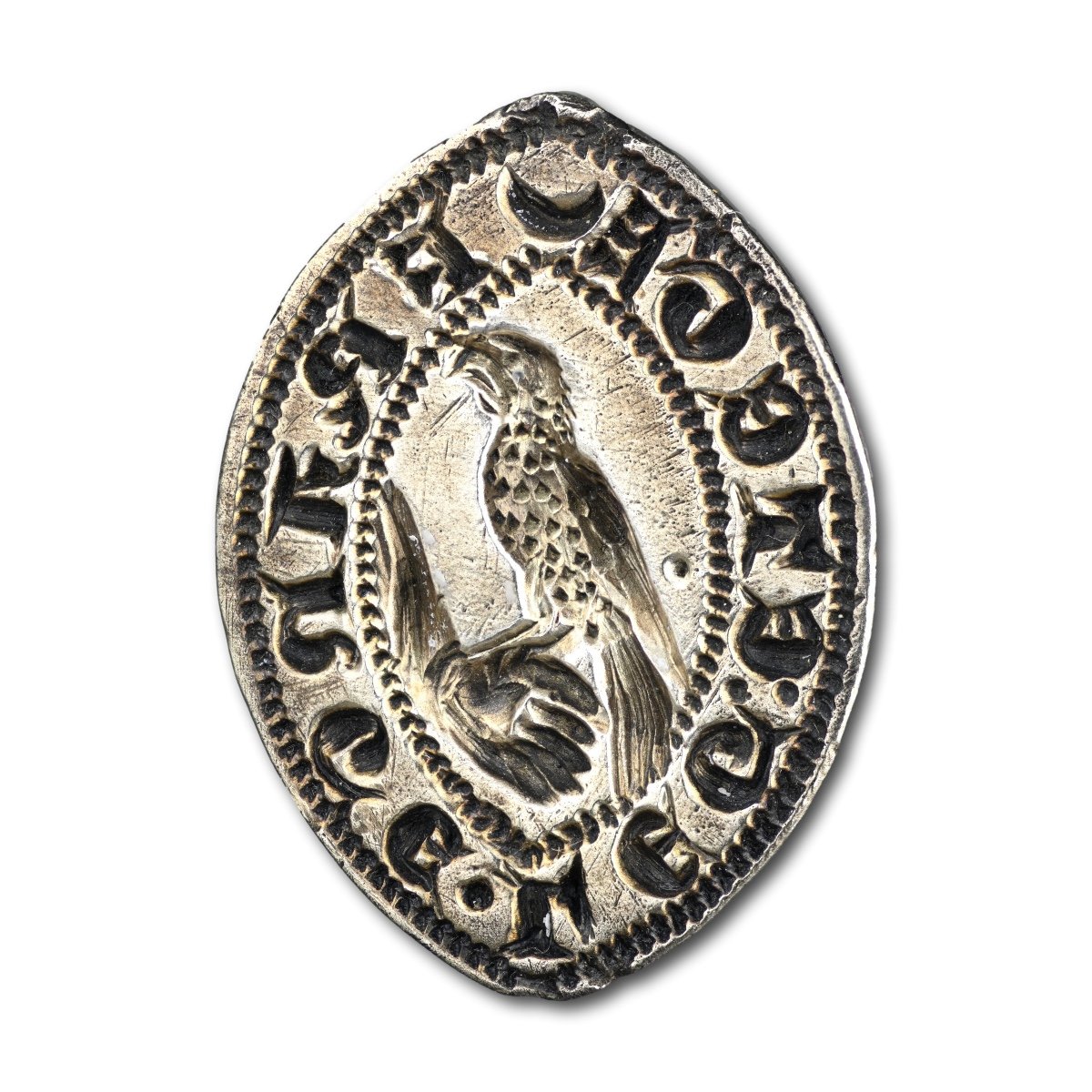 Sceau Vesica Argenté Avec Un Oiseau De Proie. Français Ou Anglais, 14e - 15e Siècle. 