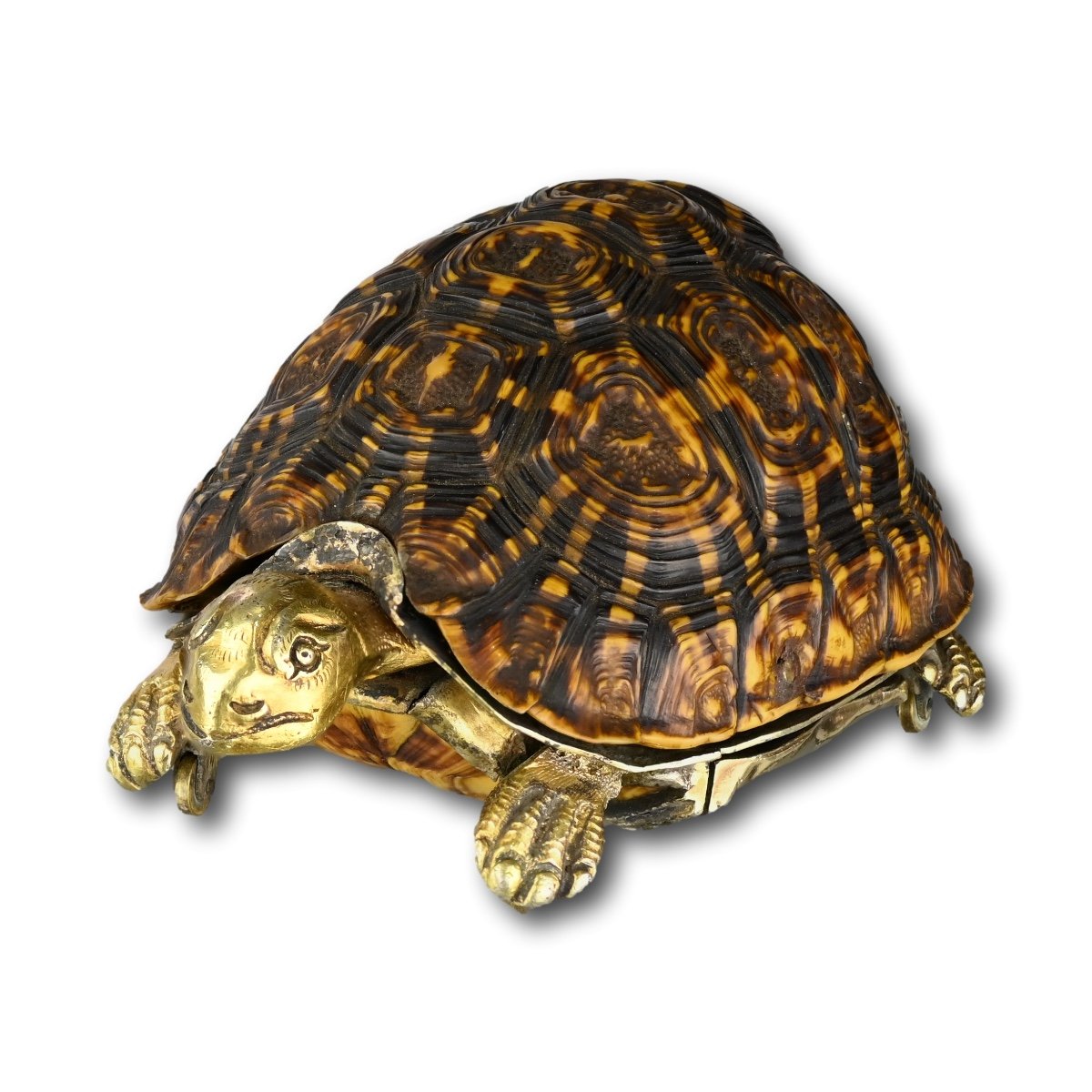 Tabatière En Forme De Tortue étoilée Montée En Vermeil Et Argent. Européenne, 19ème Siècle.-photo-1