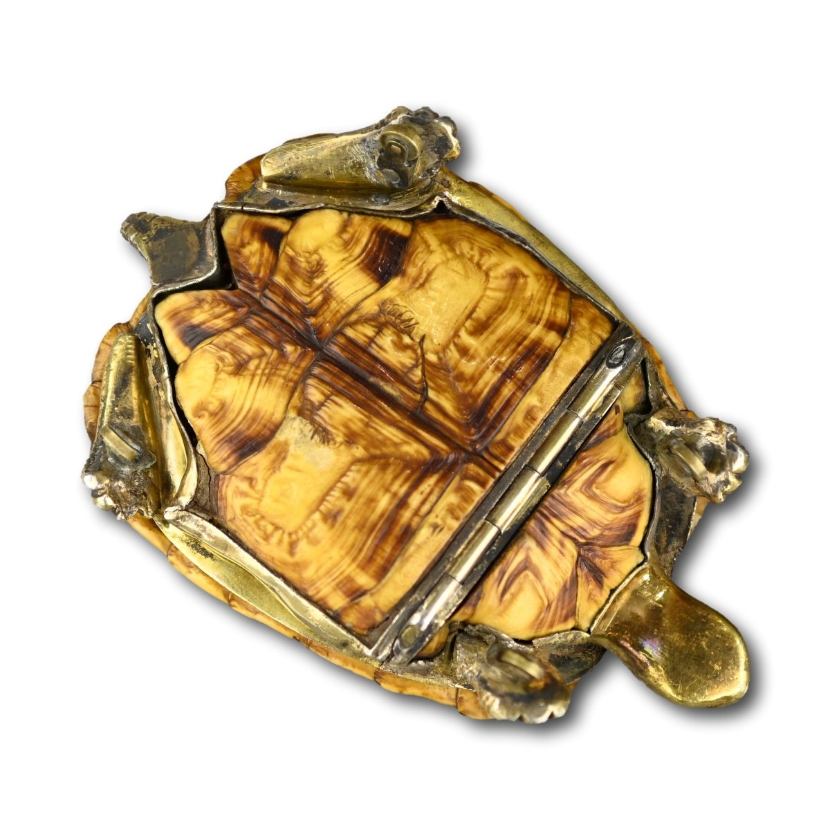 Tabatière En Forme De Tortue étoilée Montée En Vermeil Et Argent. Européenne, 19ème Siècle.-photo-4