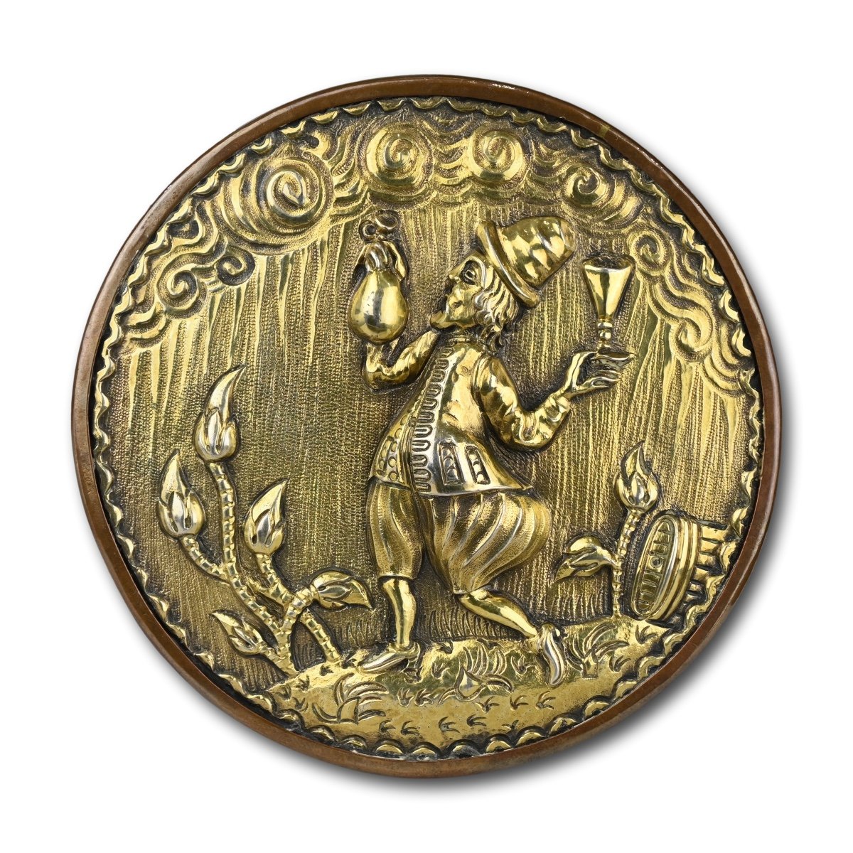 Amusing Silver Gilt Tobacco Box With A Drunk Man. Dutch Or German, 17th Century.