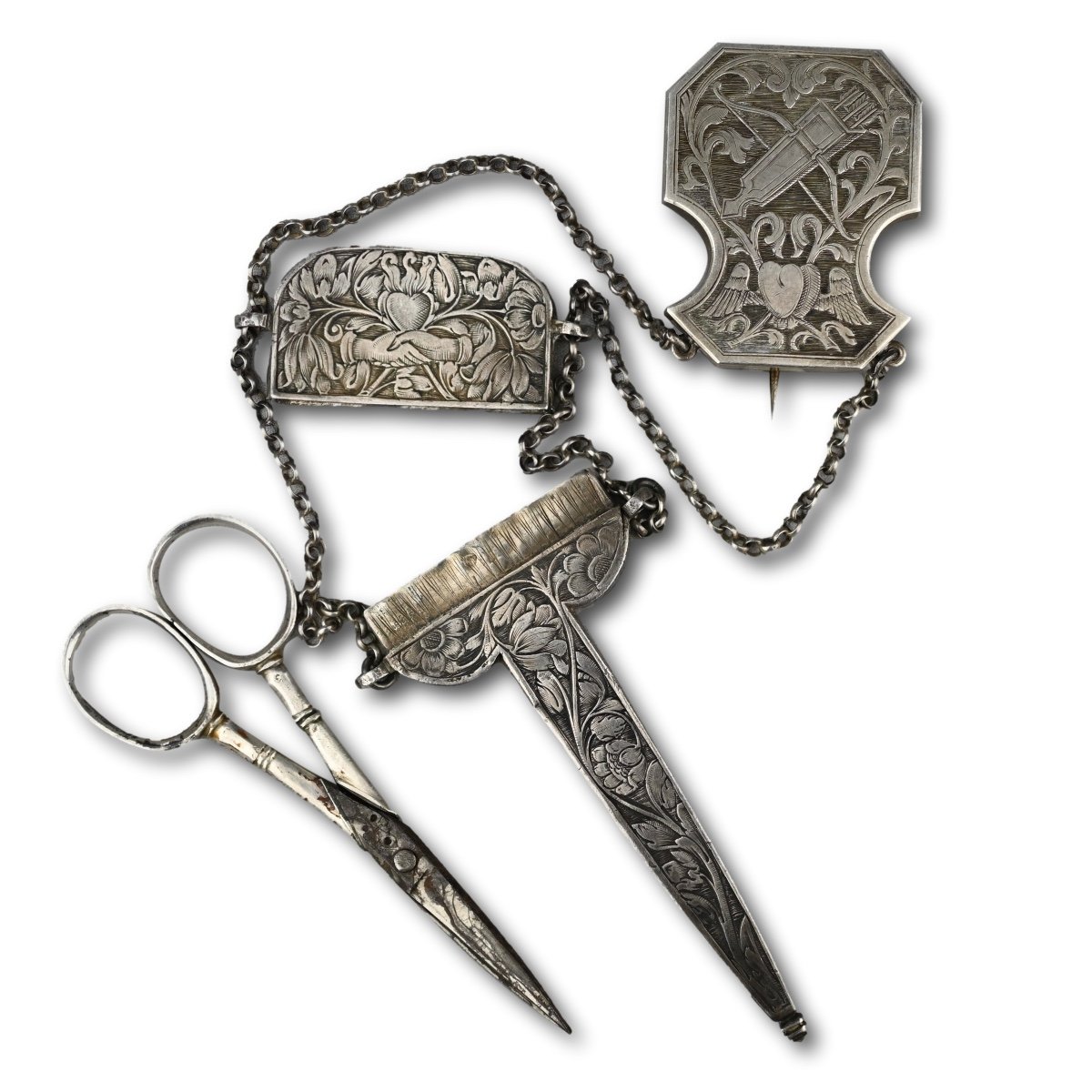 Engraved Silver Scissor Case And Chatelaine. French, Late 17th Century.