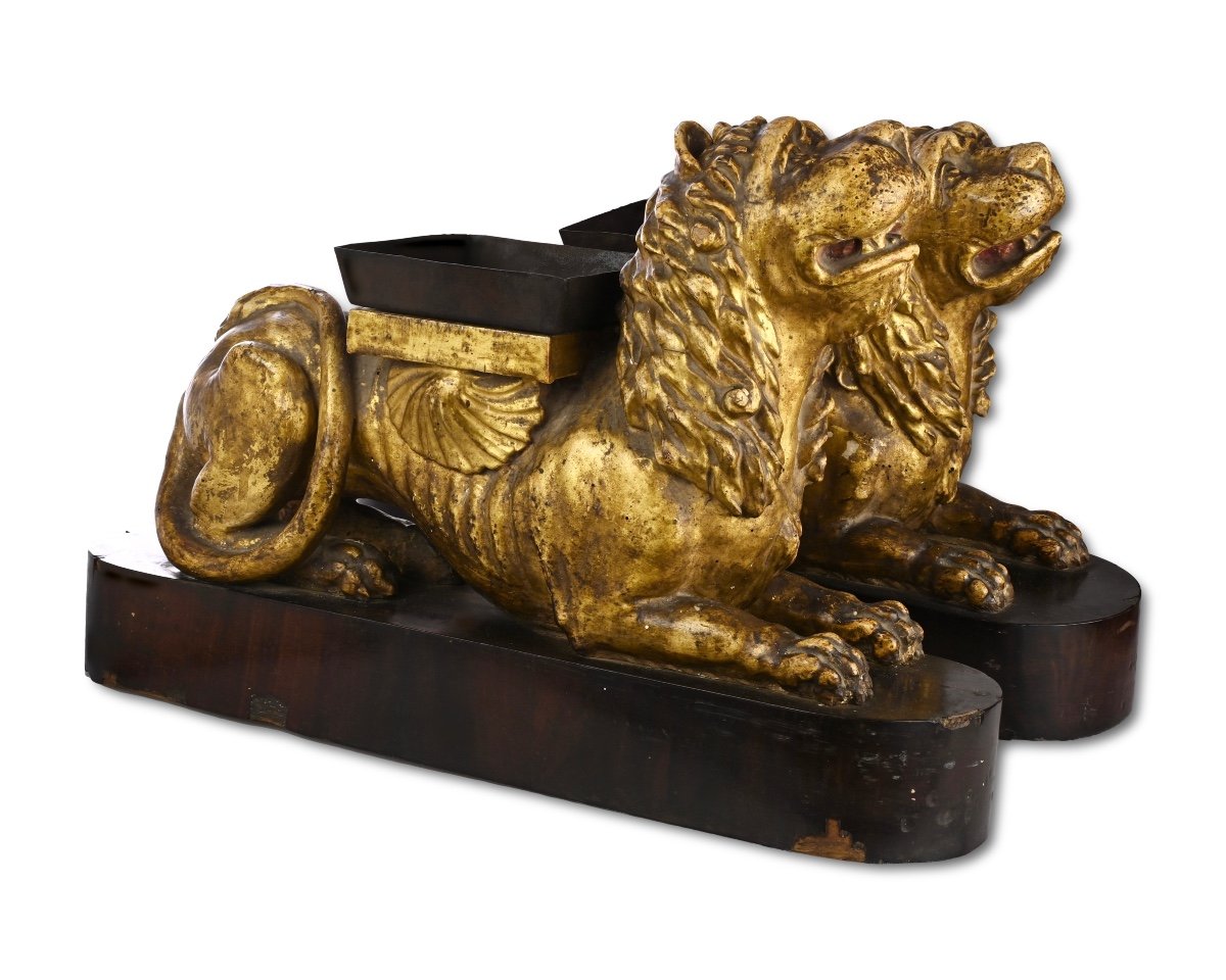 Paire De Lions En Bois Doré. Espagnol, Début Du XIXe Siècle. -photo-4