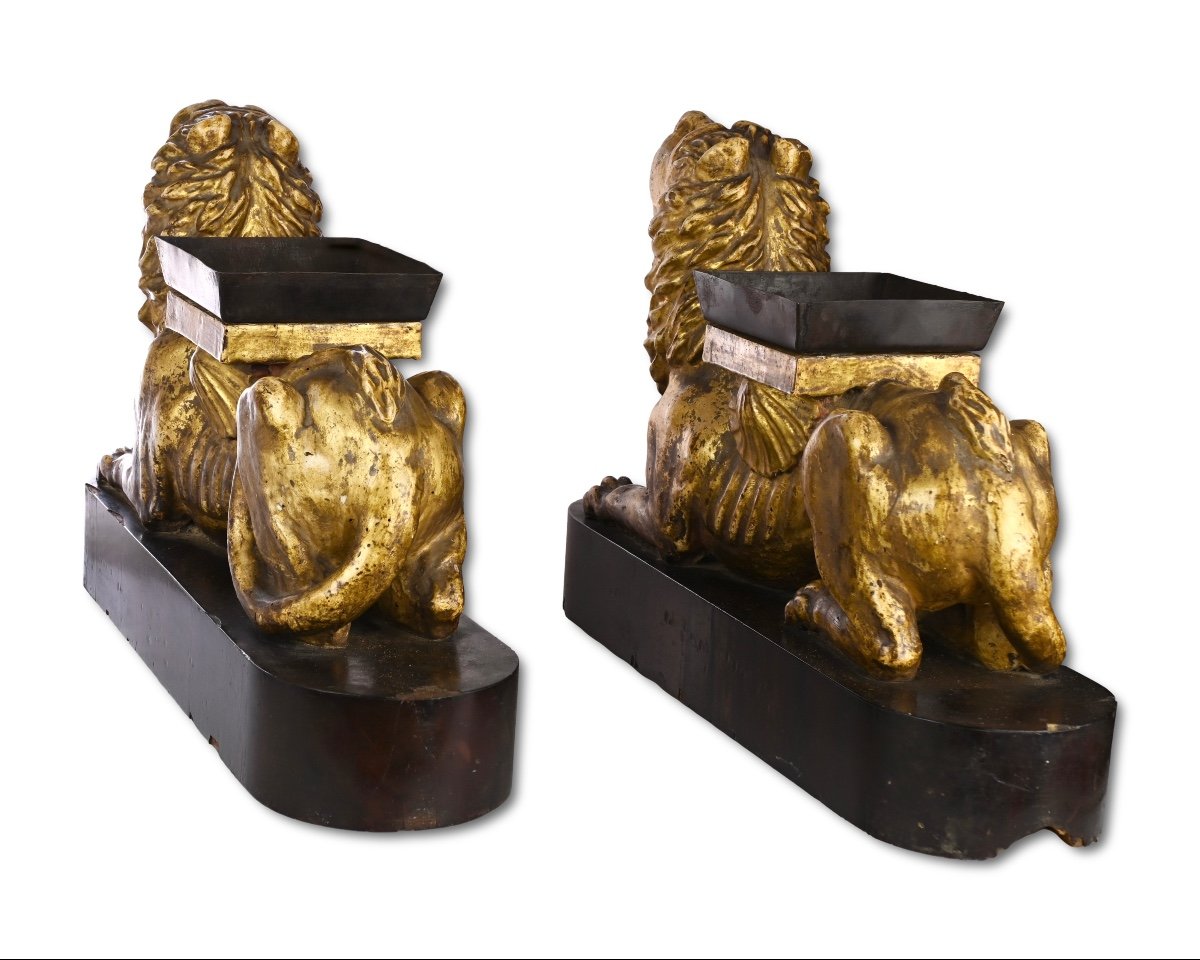 Paire De Lions En Bois Doré. Espagnol, Début Du XIXe Siècle. -photo-4