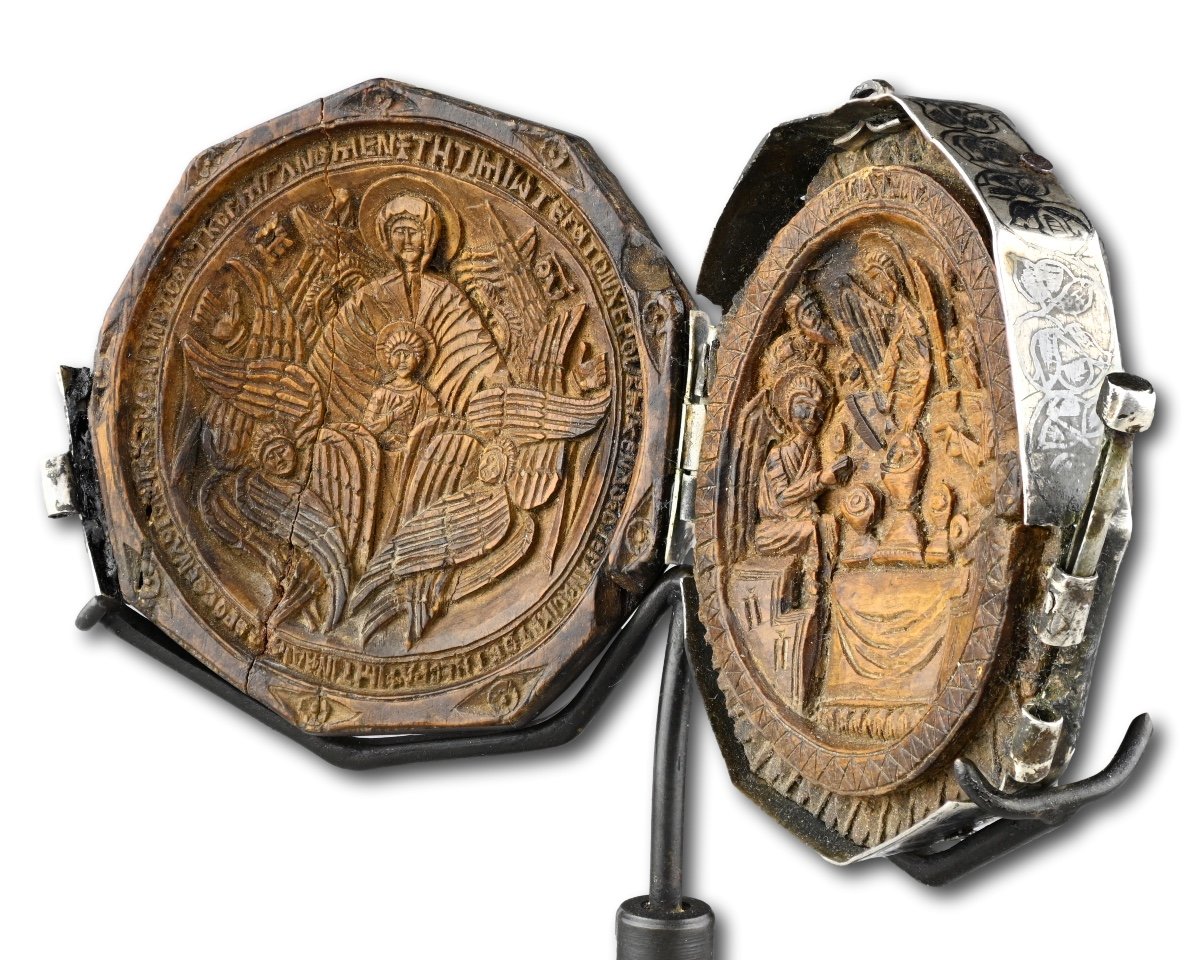 Panagiarion Avec La Vierge Theotokos Et Les Anges à Mamre. Russe, Vers 1500.  -photo-2