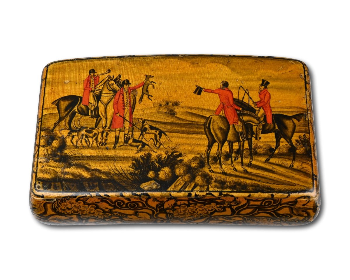 Pen-work Sycamore Snuff Box With A Fox Hunt. Mauchline, Scotland, 19th Century.
