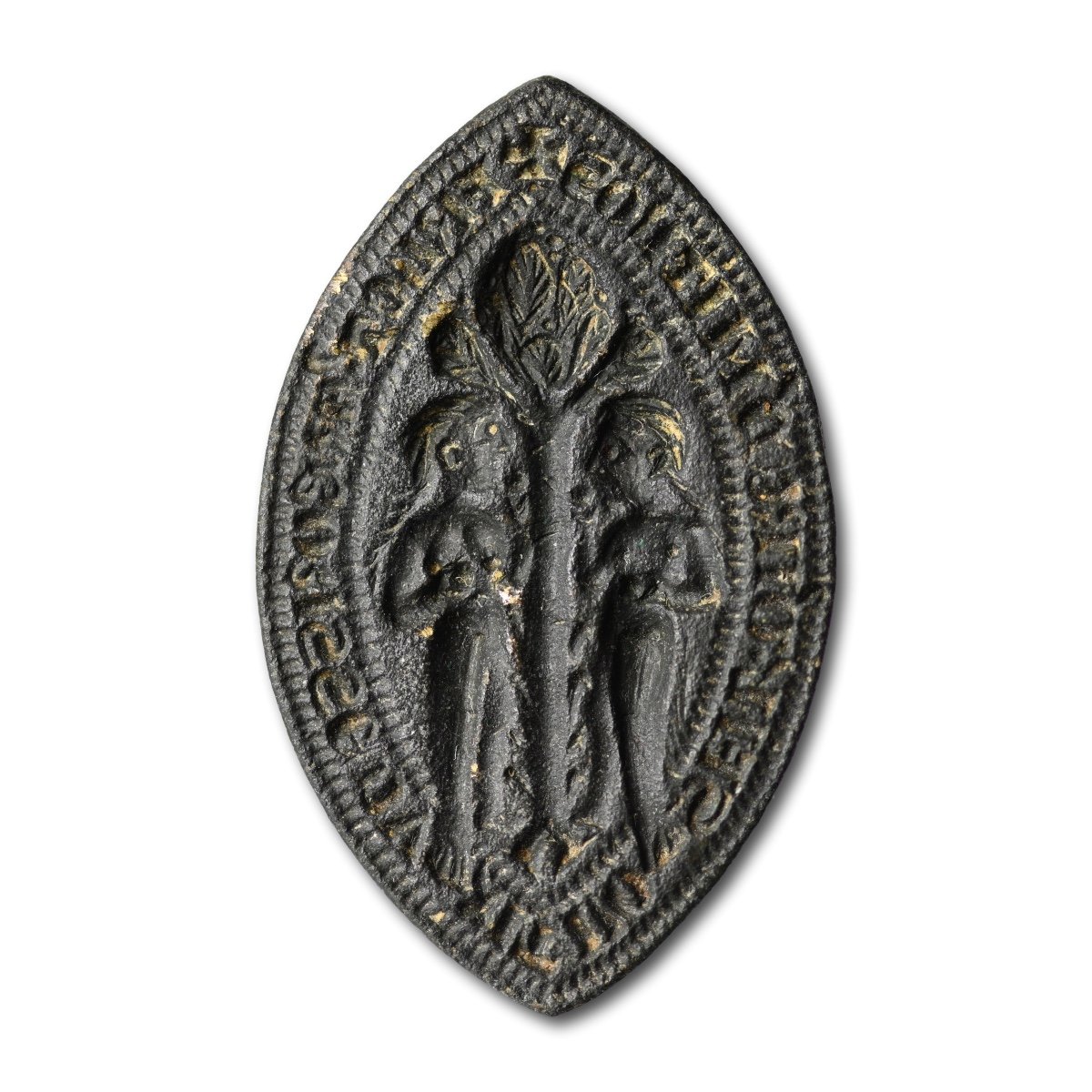 Medieval Bronze Seal Of Two Women Eating Fruit. English, 14th Century.