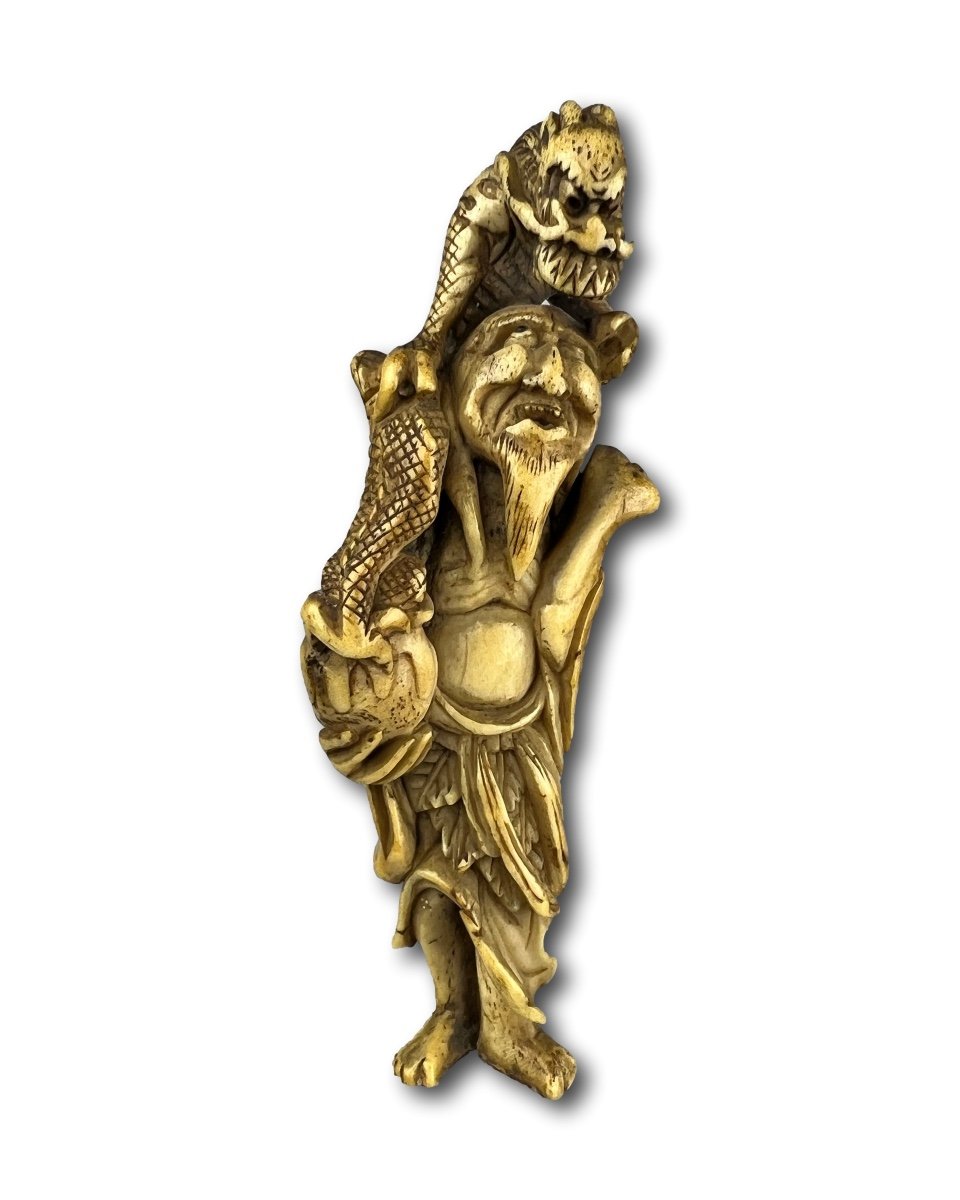 Large Stag Antler Netsuke Of Bashiko Sennin. Japan, 18th Century.-photo-4
