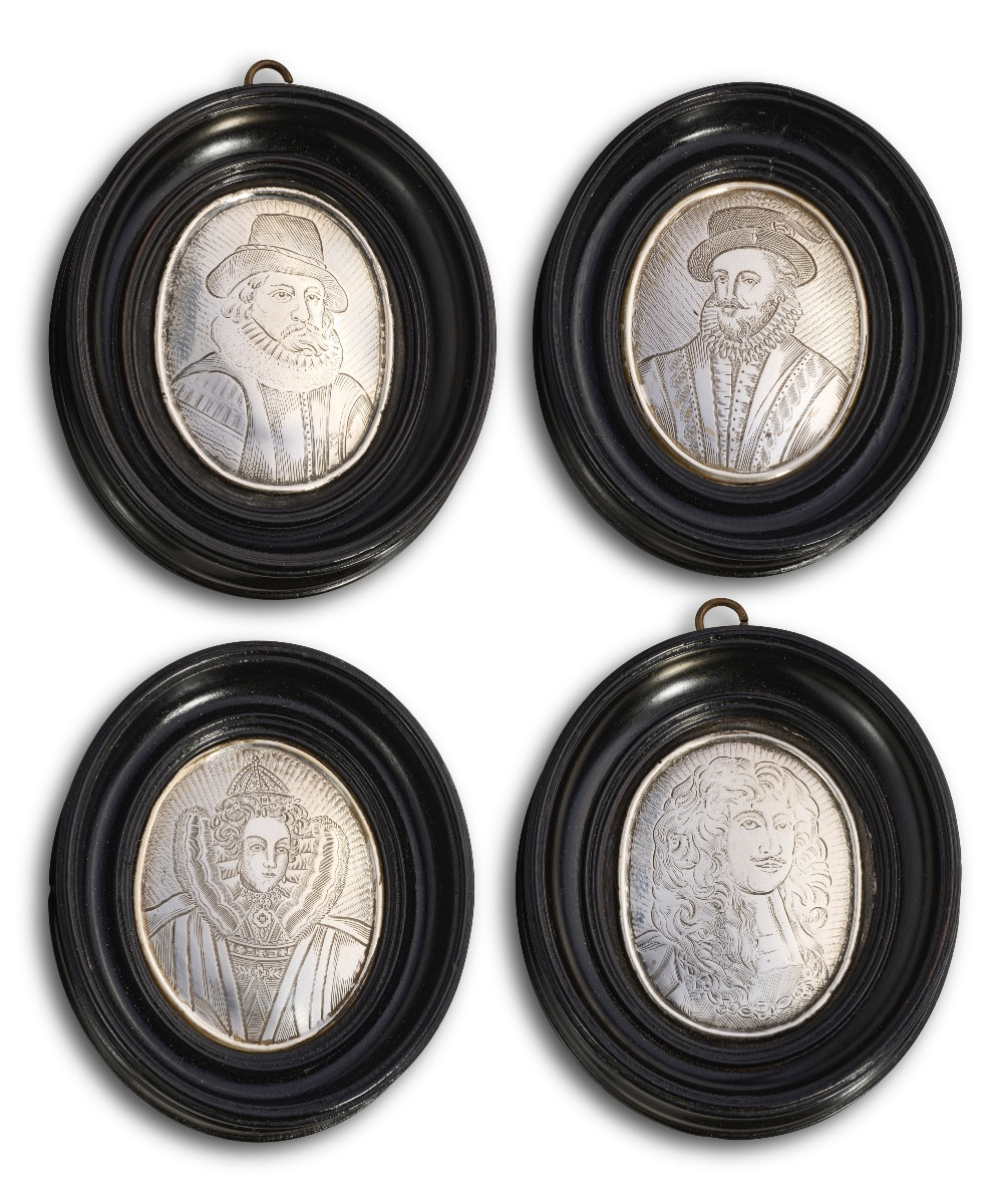 Four Silver Plaques With Portraits Of Historical English Figures, 18th Century. 