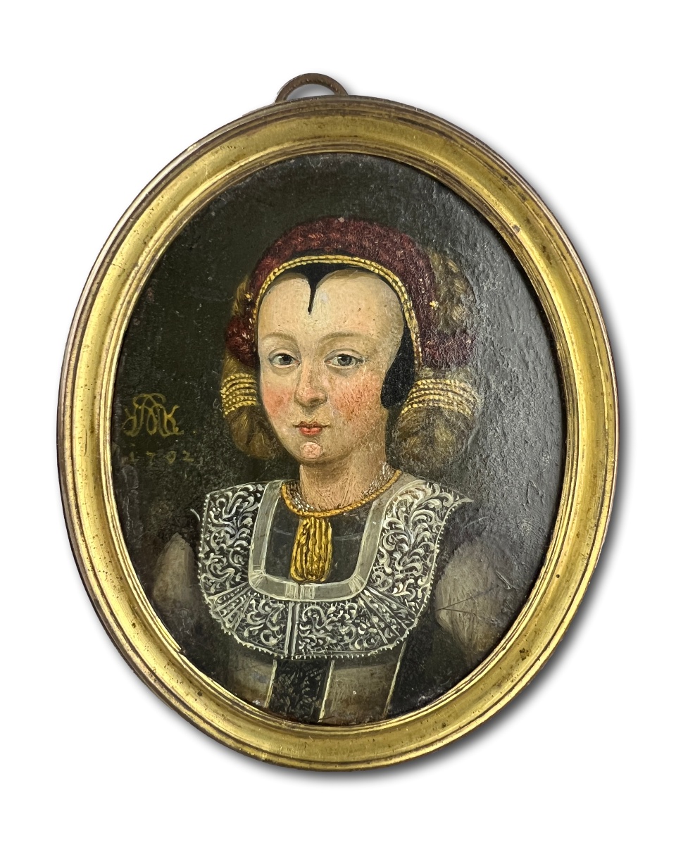 Huile Sur Cuivre Représentant Une Jeune Fille, Datée De 1702. Allemagne, Début Du XVIIIe Siècle-photo-1