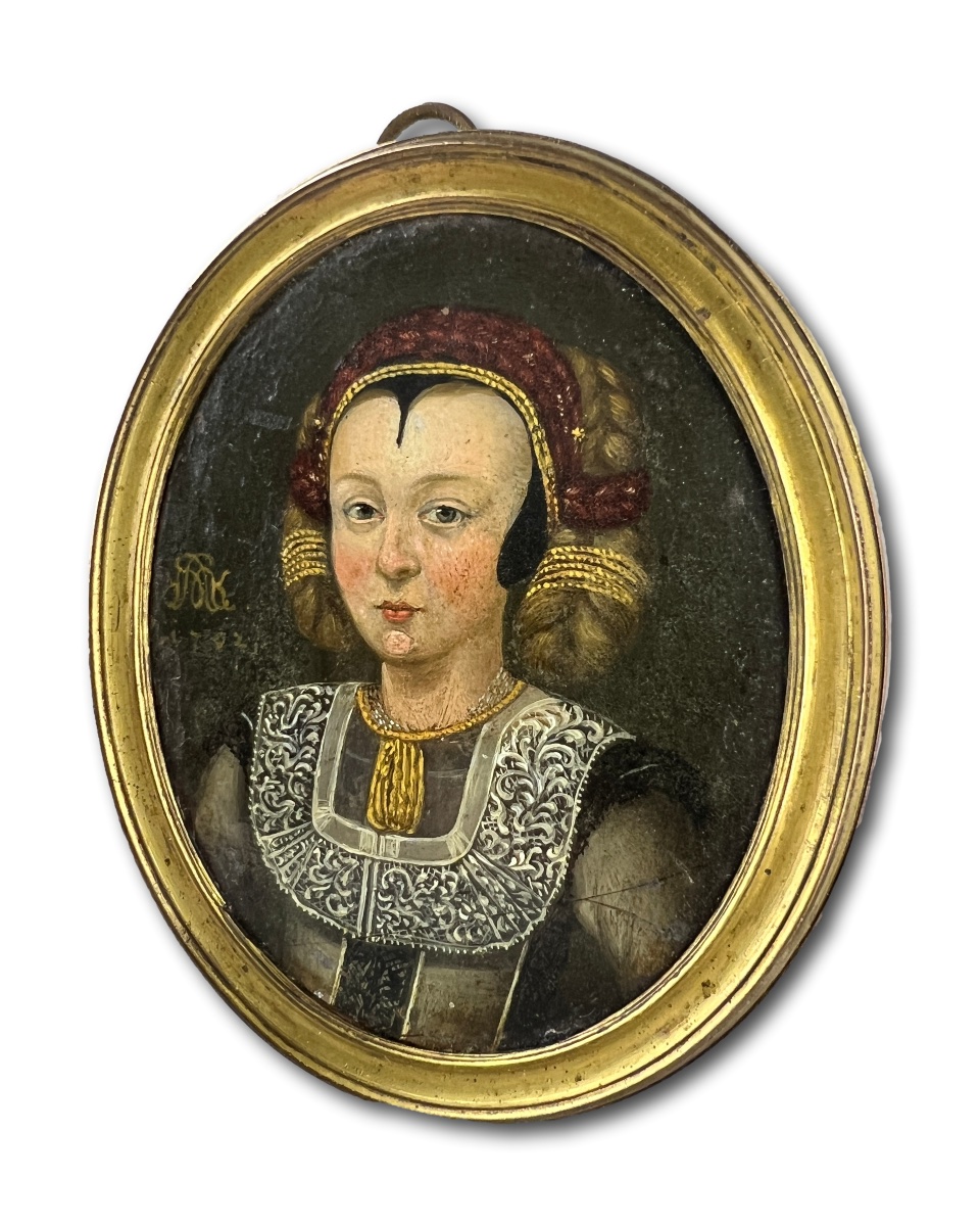 Huile Sur Cuivre Représentant Une Jeune Fille, Datée De 1702. Allemagne, Début Du XVIIIe Siècle-photo-3