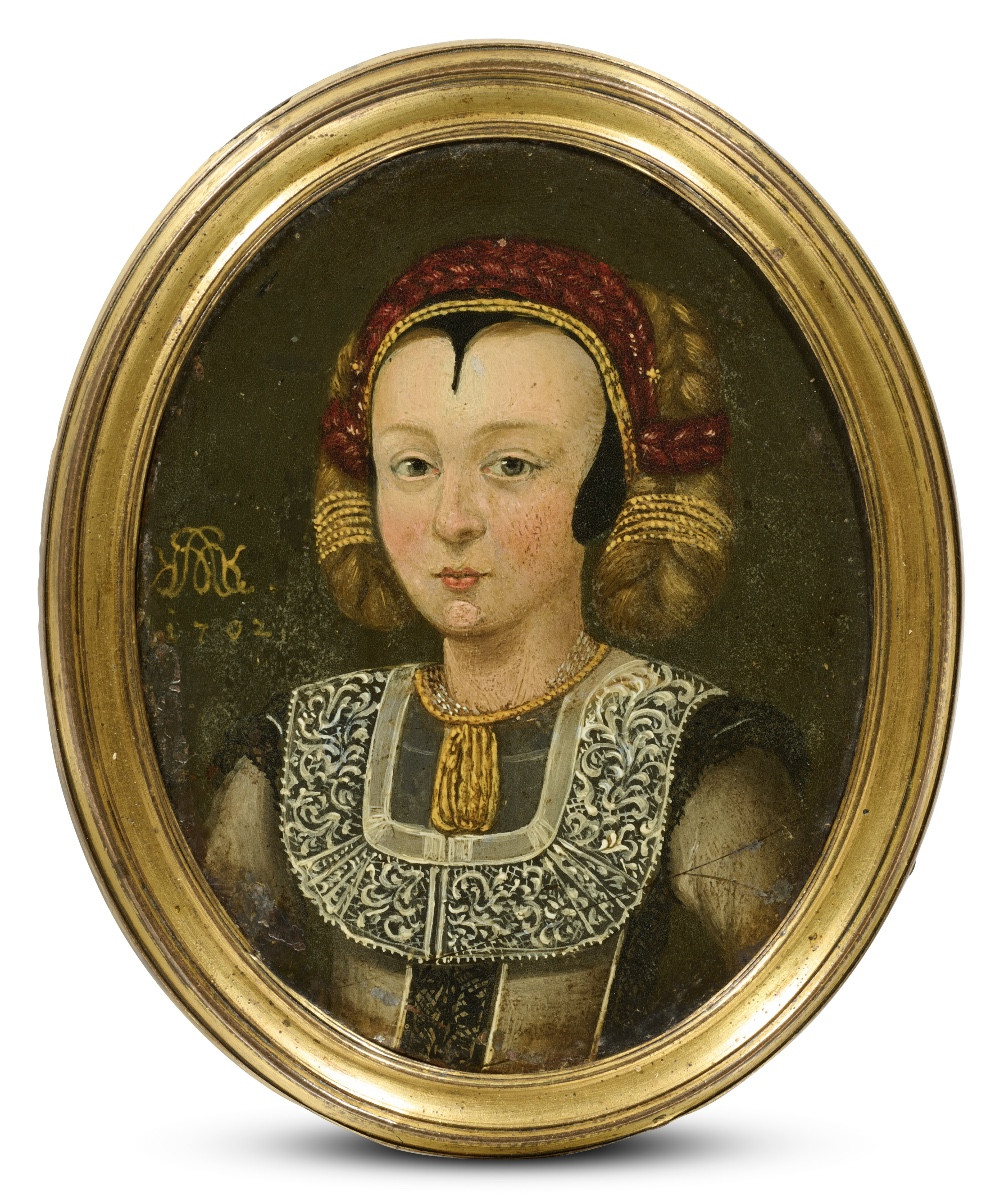 Huile Sur Cuivre Représentant Une Jeune Fille, Datée De 1702. Allemagne, Début Du XVIIIe Siècle