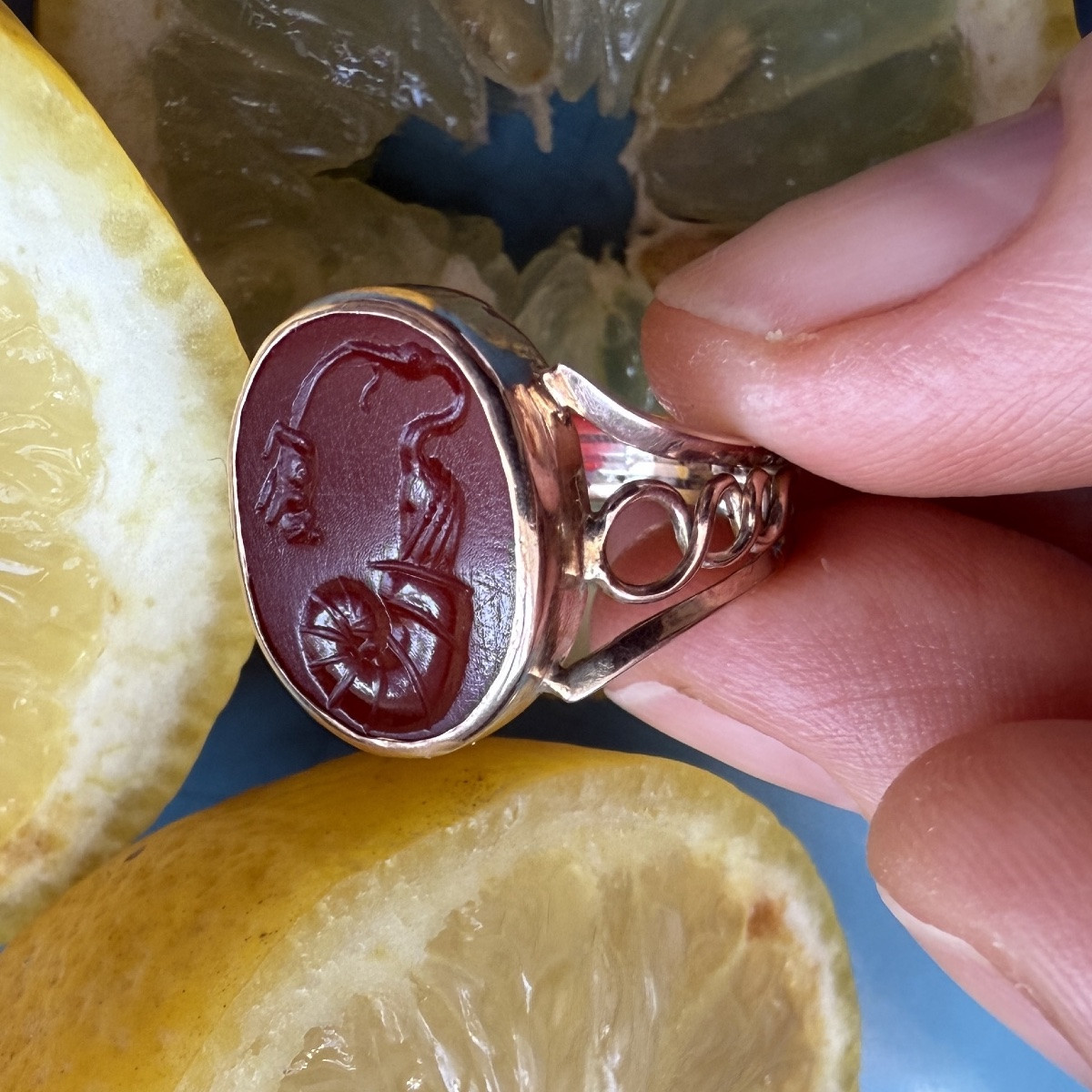 Gold Ring With Ancient Roman Intaglio Of A Stork, Shell And Mouse, 19th Century.-photo-4