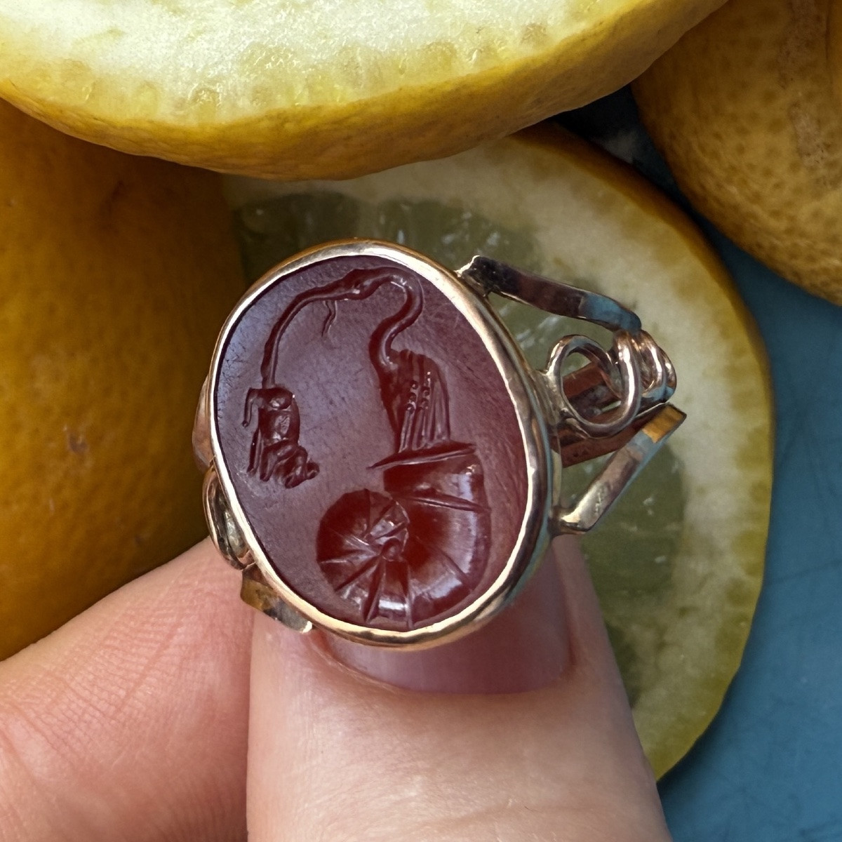 Gold Ring With Ancient Roman Intaglio Of A Stork, Shell And Mouse, 19th Century.-photo-4