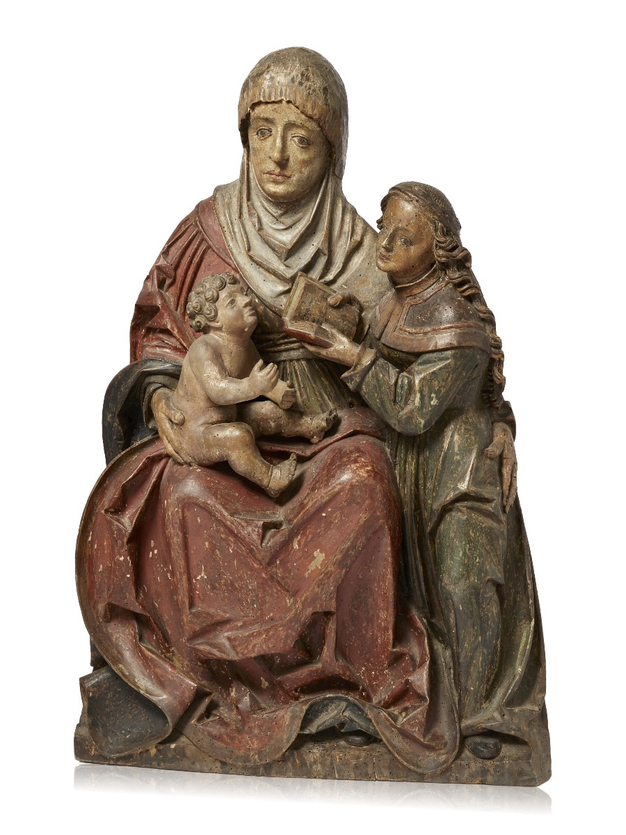 Polychromed Limewood Sculpture Of Anna Selbdritt. South German, 16th Century.