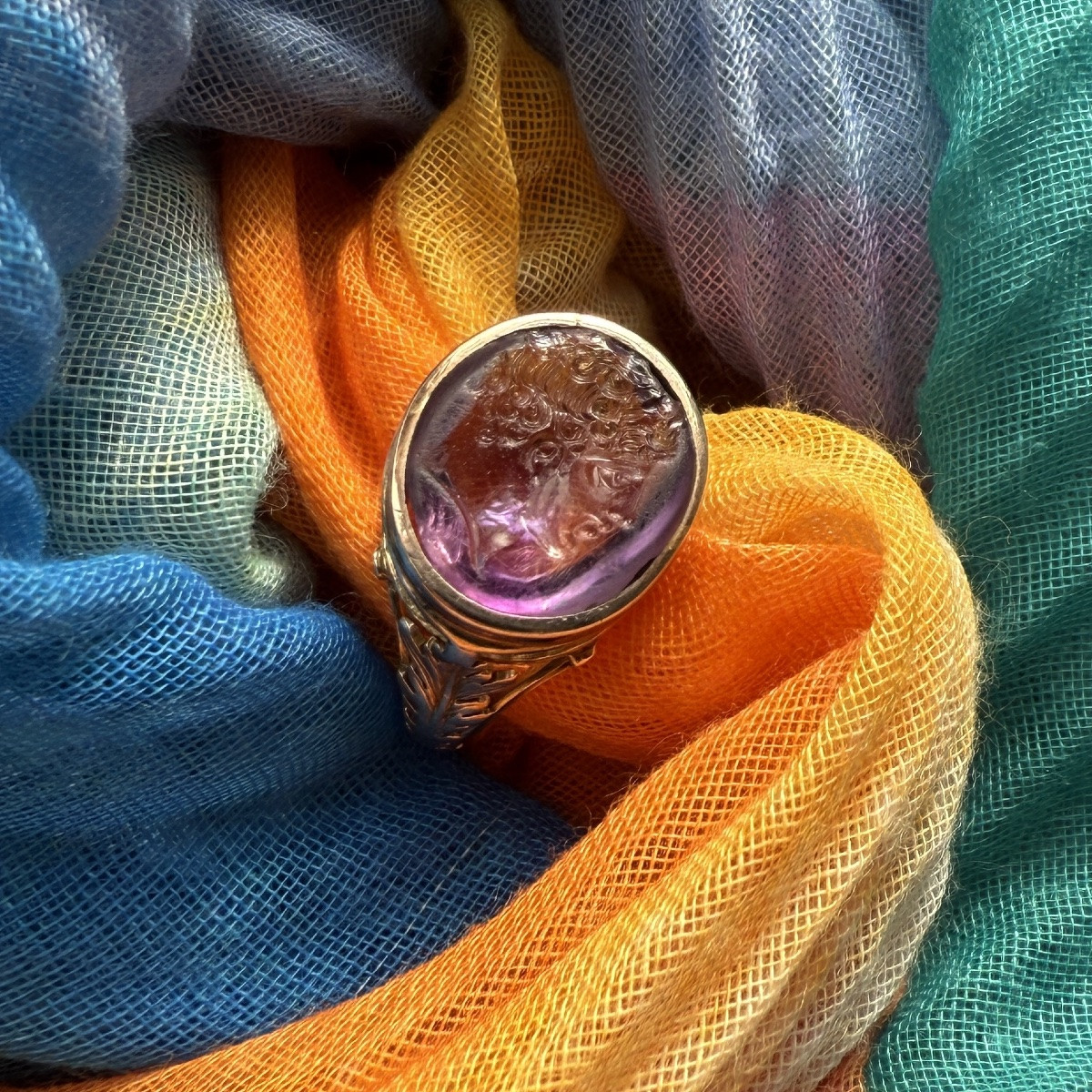Intaille grecque hellénistique en améthyste représentant un jeune homme, bague en or du XIXe -photo-2