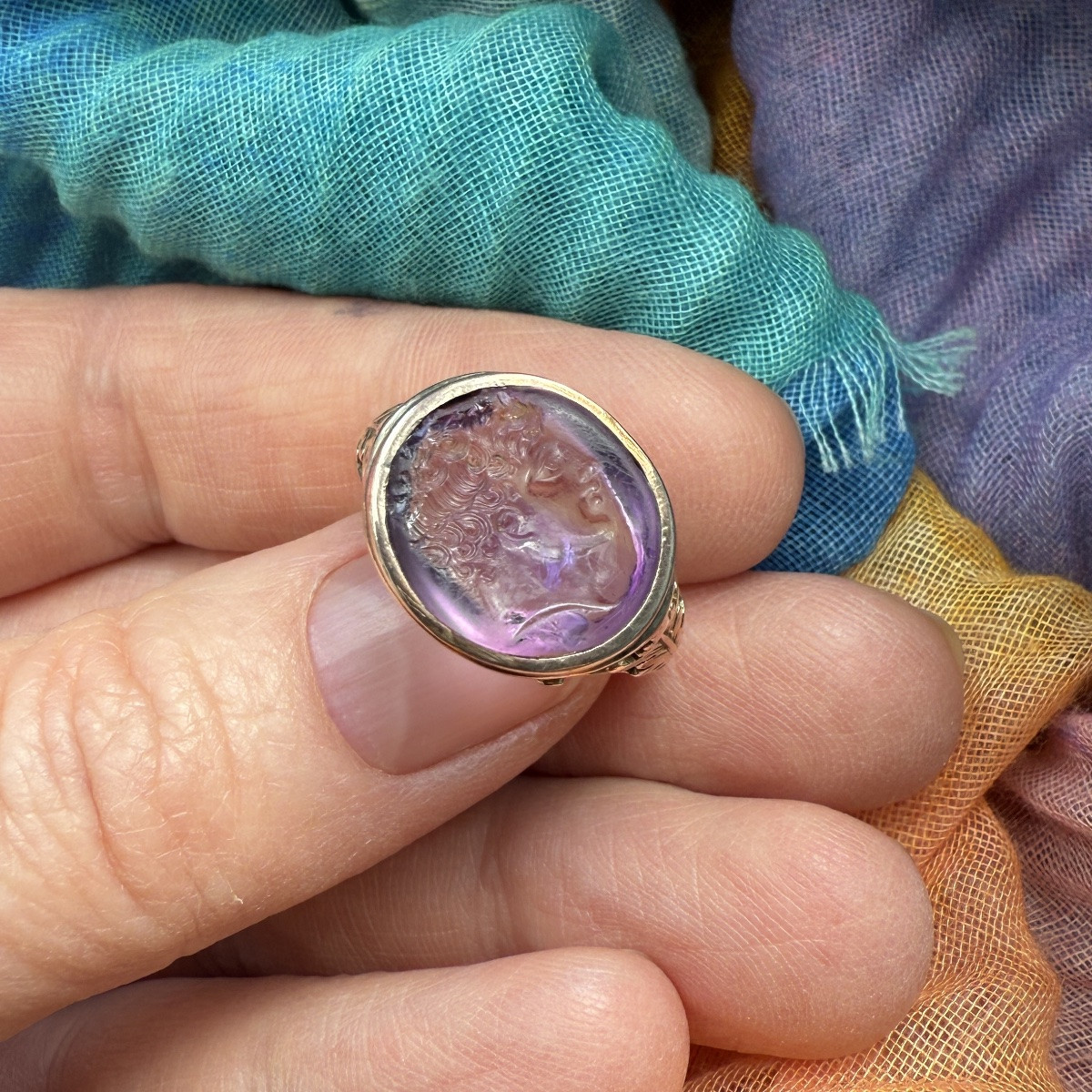 Intaille grecque hellénistique en améthyste représentant un jeune homme, bague en or du XIXe -photo-5