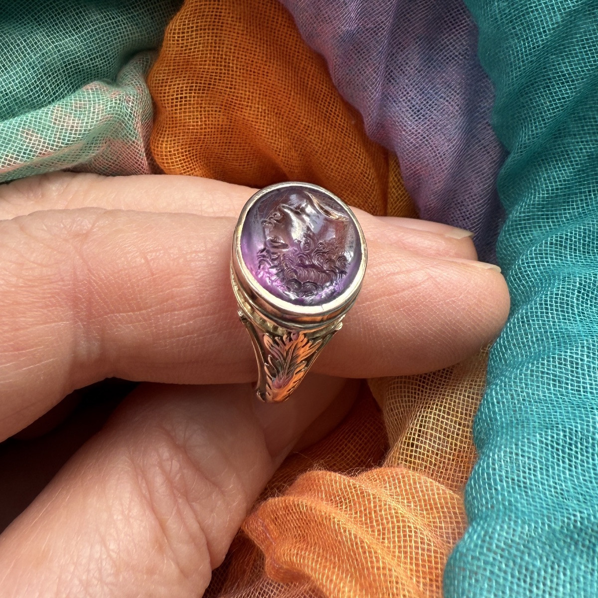 Intaille grecque hellénistique en améthyste représentant un jeune homme, bague en or du XIXe -photo-7