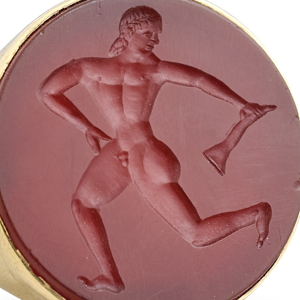Etruscan Revival Gold Ring Set With A Carnelian Intaglio Of A Running Athlete.-photo-2
