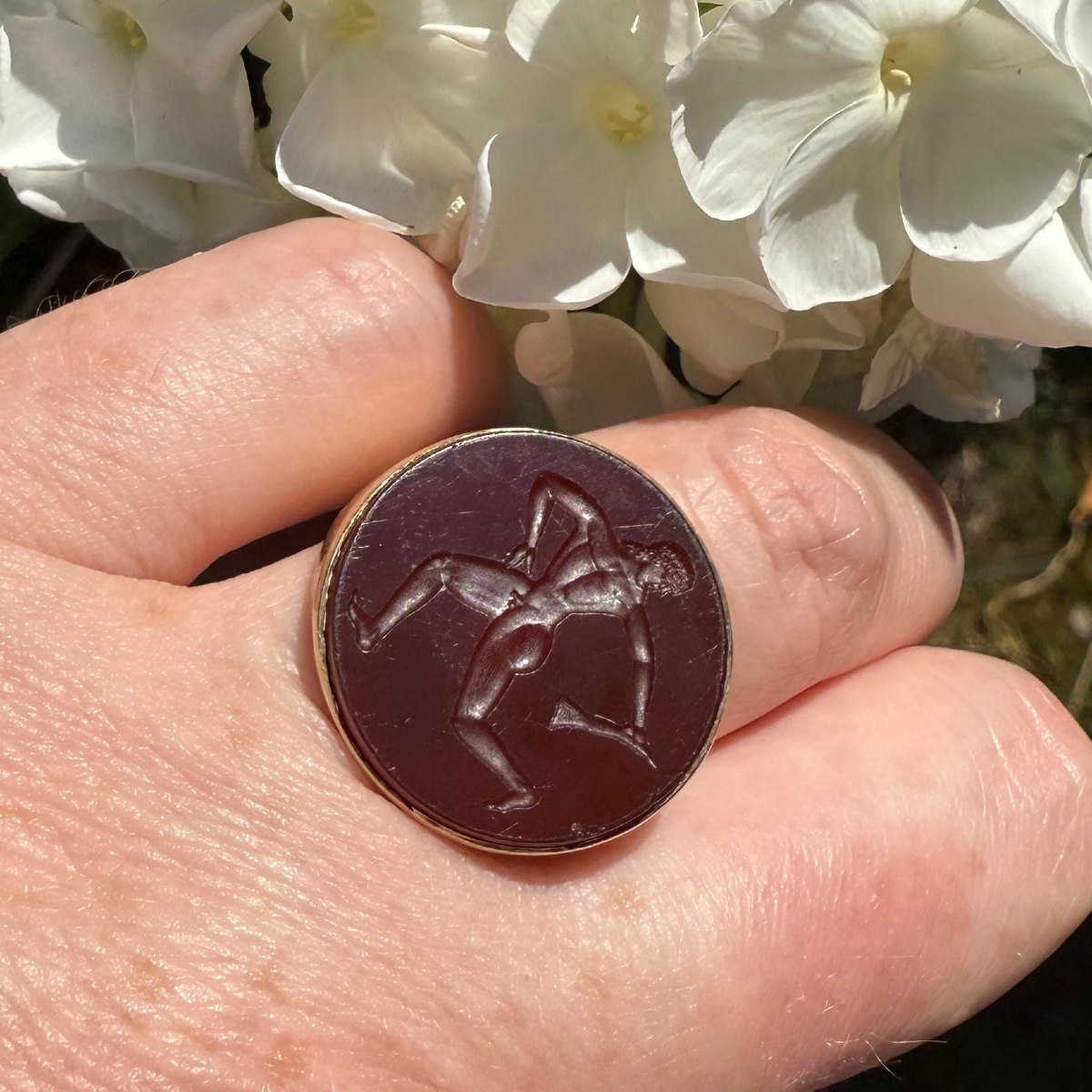 Etruscan Revival Gold Ring Set With A Carnelian Intaglio Of A Running Athlete.-photo-4