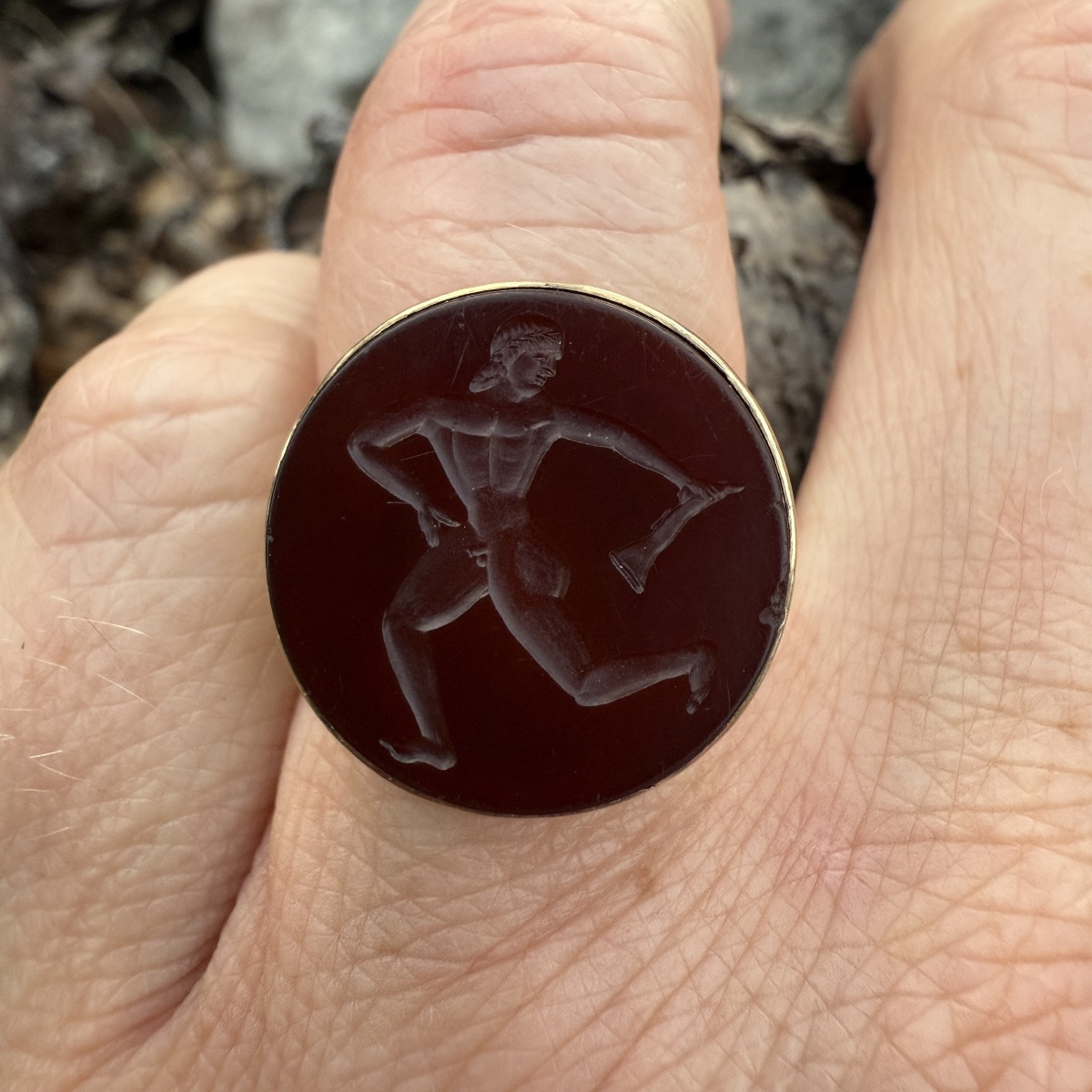 Etruscan Revival Gold Ring Set With A Carnelian Intaglio Of A Running Athlete.-photo-3