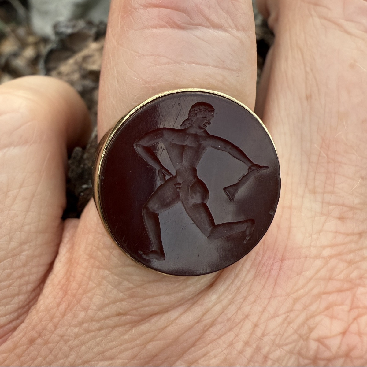 Etruscan Revival Gold Ring Set With A Carnelian Intaglio Of A Running Athlete.-photo-4