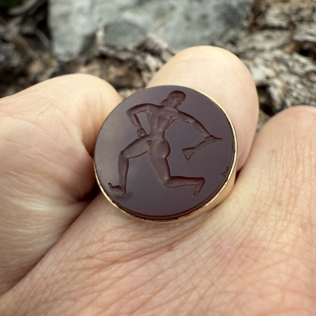 Etruscan Revival Gold Ring Set With A Carnelian Intaglio Of A Running Athlete.-photo-5