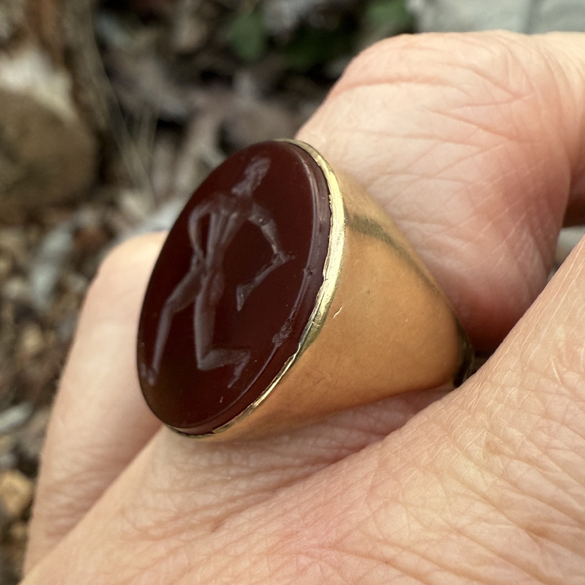 Etruscan Revival Gold Ring Set With A Carnelian Intaglio Of A Running Athlete.-photo-6
