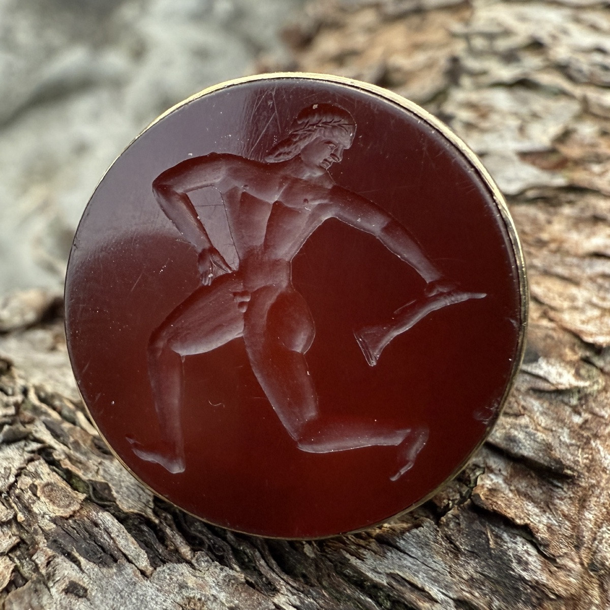 Etruscan Revival Gold Ring Set With A Carnelian Intaglio Of A Running Athlete.-photo-7